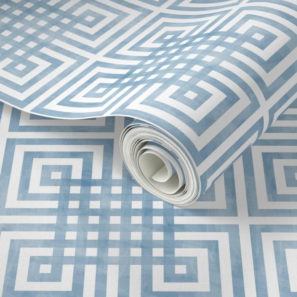 Spoonflower Peel & Stick Wallpaper 3ft x 2ft - Grid Blue Asian Plaid Geometric Greek Key Abstract Custom Removable Wallpaper