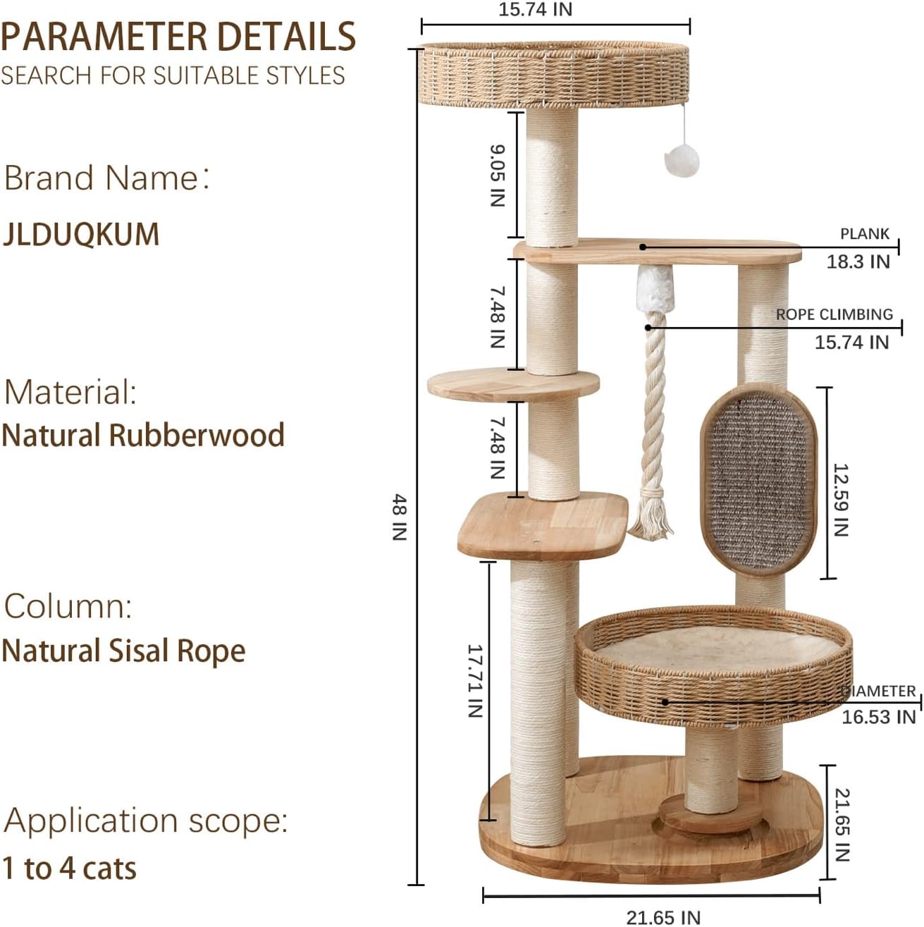 Wooden Cat Tree for Large Cat, Tall Cat Tower with Scratching Post for Indoor Cats, Multi-Level Cat Condo with Hand-Woven Cat Bed and Scratching Board Easy to Clean (48IN)