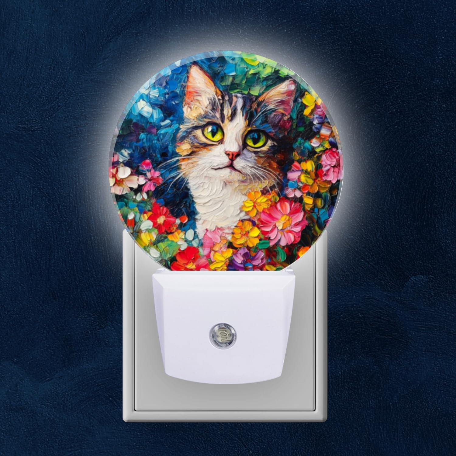 Mearafois Round LED Night Lights Lamp with Dusk to Dawn Sensor Calico Cat Peeking Through Bounty of Flowers