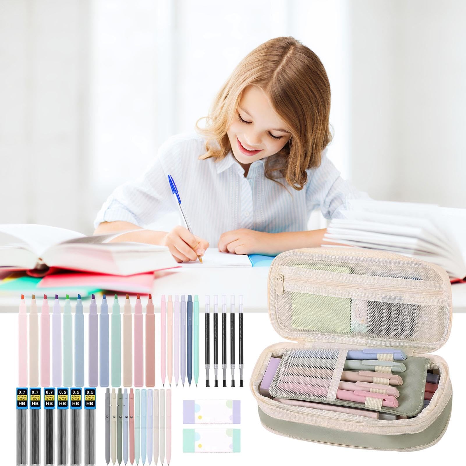 Generisch Federmäppchen Mit Zubehör,Textmarker Schwarz Gel Pens | Radiergummis Notizblock | Niedliches Schreibset Federtasche - für Schüler Studenten Lehrer Frauen Jugendliche Büro Unterricht