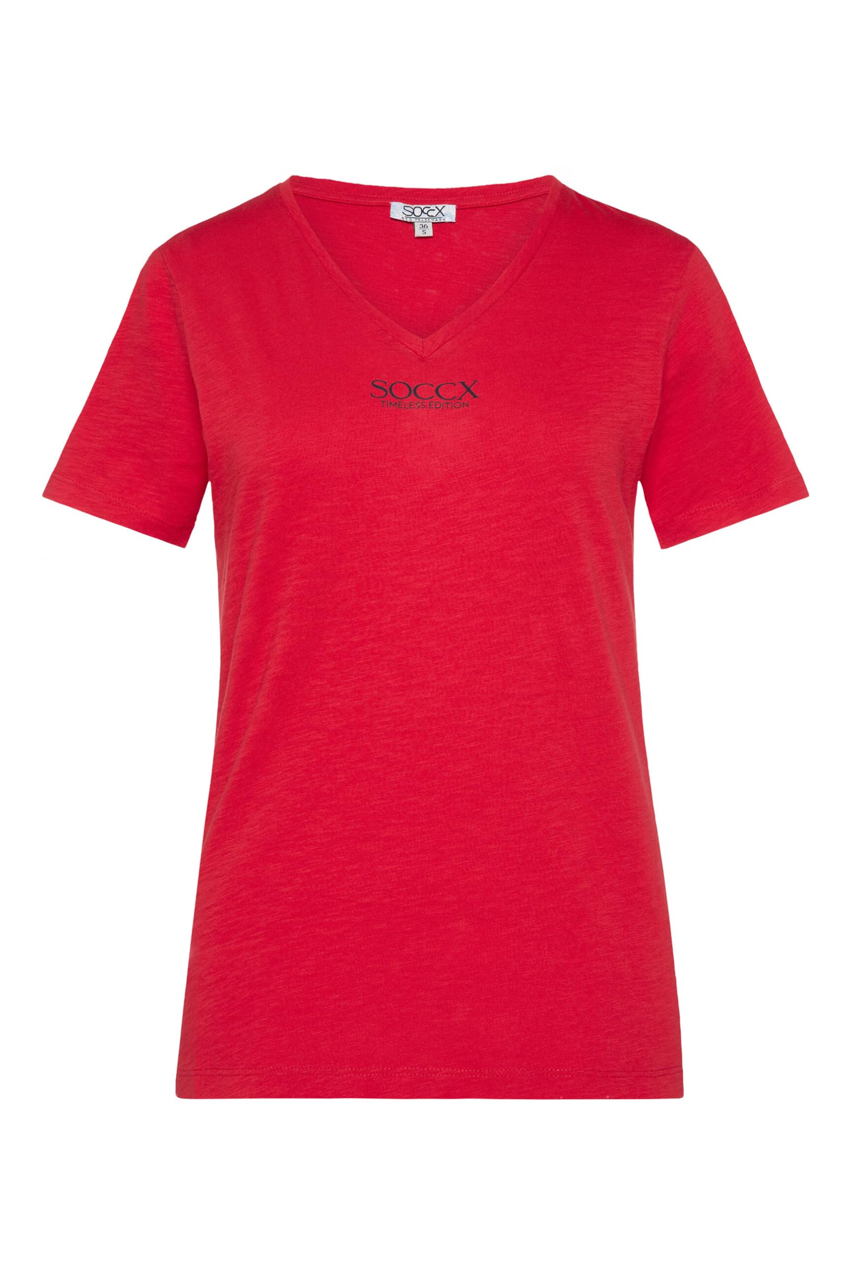 SOCCX Damen Basic T-Shirt mit V-Ausschnitt 100% Baumwolle Kurzarm Logo Print Oberteil