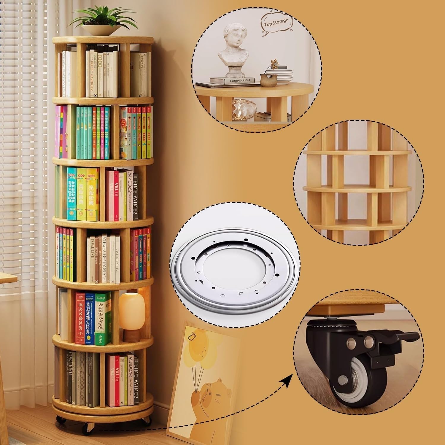 360° Drehbares Bücherregal 6-Etagen Drehregal Aus Massivholz, Platzsparendes Schmalregal Mit Rollen, Rotierender Bücherturm Für Wohnzimmer, Büro, Schlafzimmer, Ecke(Walnut)