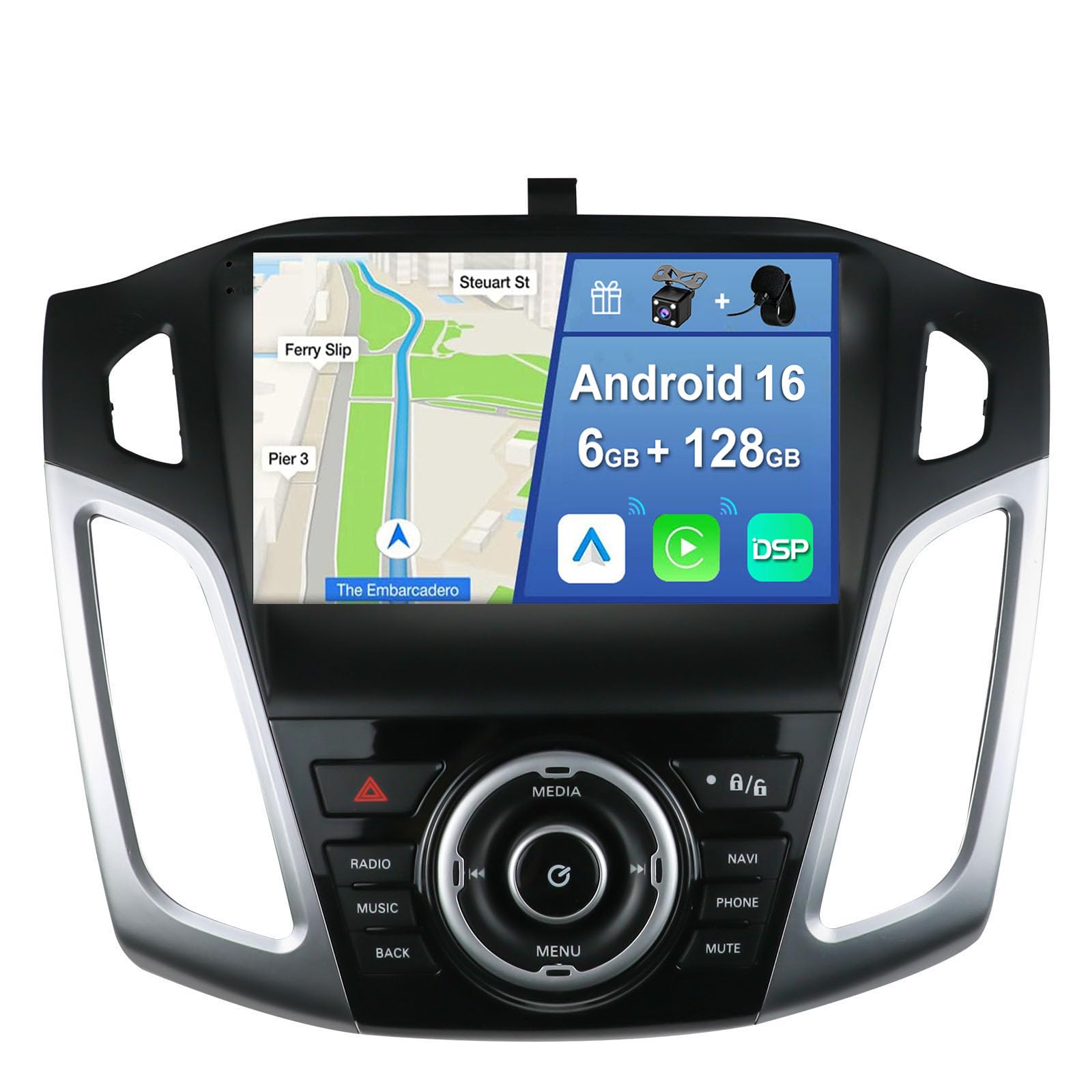 Android 16 [6GB+128GB] 2 DIN Autoradio para Ford Focus 2011-2019-[Integrado CarPlay/Android Auto/DSP/GPS]-IPS 9”Touch Screen-Cámara+Mic-Dab/Control del Volante/Bluetooth 5.0/360 Cámara