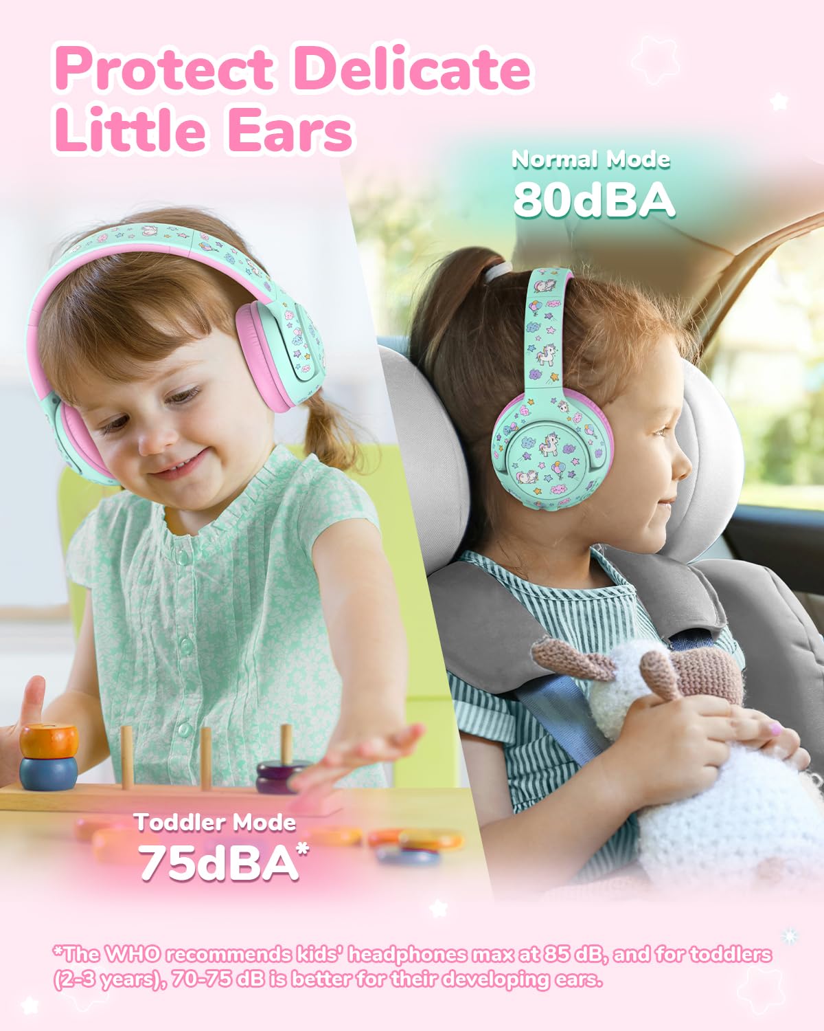 iClever Bluetooth Kopfhörer Kinder, 2+ Jahre alt CPC-Zertifiziert, 75/80dBA Sichere Begrenzte Lautstärke, 74 Std. Spielzeit, Bluetooth 5.4, BPA frei, Kopfhörer Kleinkind Aux Kabel für Reise iPad
