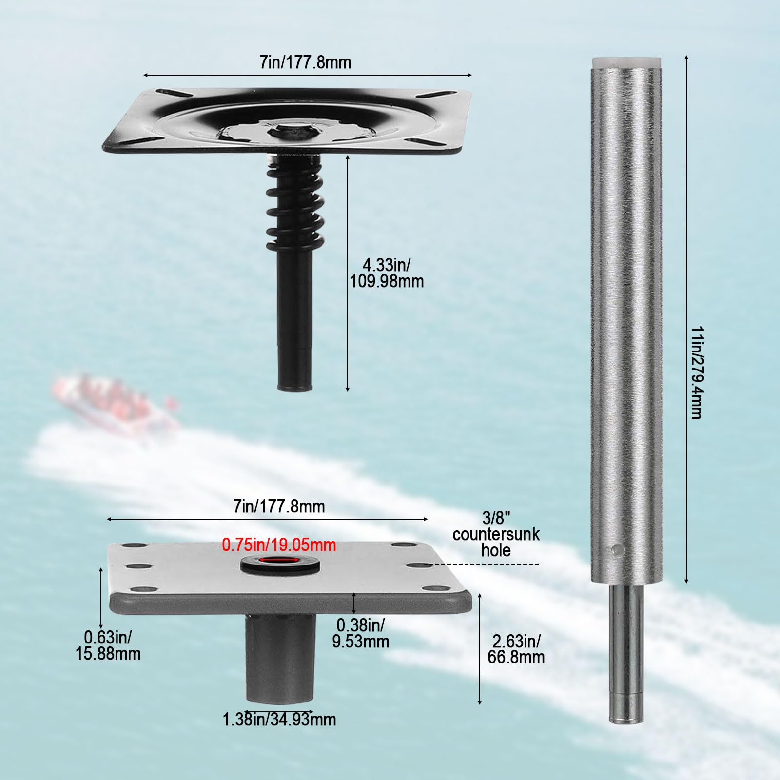 HSOKEW 3/4 '' Inch Pedestal Package, 7 Swivl-Eze Lock'N Pin 11 Inches Tall, 7-Inch x 7-Inch Base Plate, Brushed Aluminum Finish Boat Seat Pin Post for Marine Fishing Boat Seat Mount Summer Accessories
