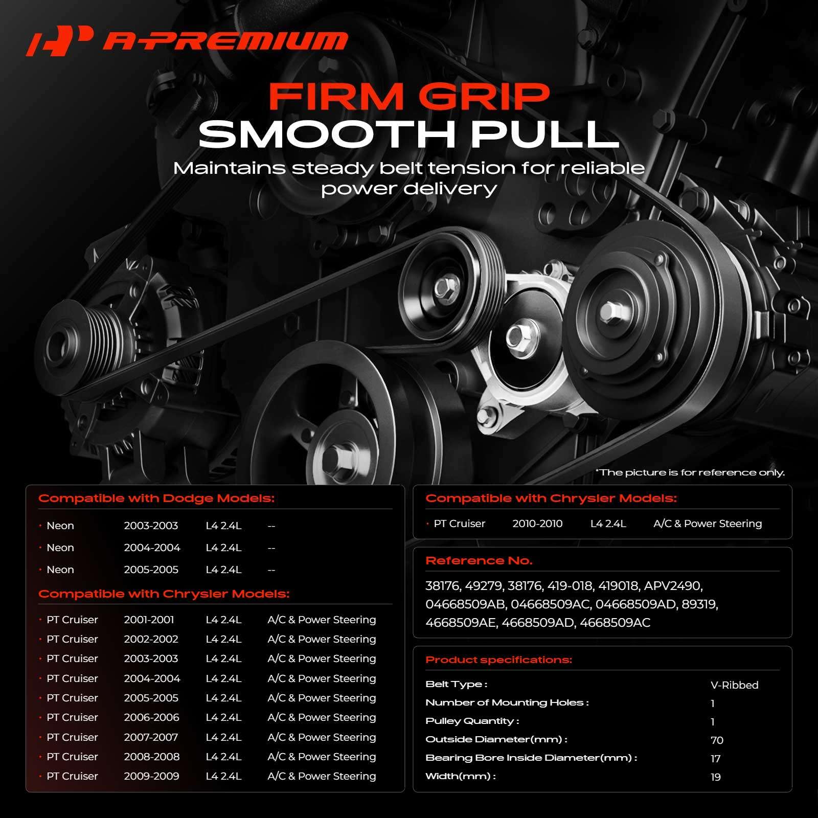A-Premium Gruppo tendicinghia con puleggia compatibile con Dodge | Per Dodge Neon 2003-2005 e Chrysler PT Cruiser 2001-2010 2.4L, ricambio # 04668509AB, 04668509AC