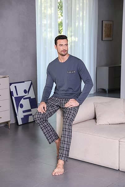 Winovia Pyjama voor heren, lange pyjama, 100% katoen, lange mouwen, nachtkleding, sleepwear, nachtkleding, set met ronde hals en geruite broek, XL