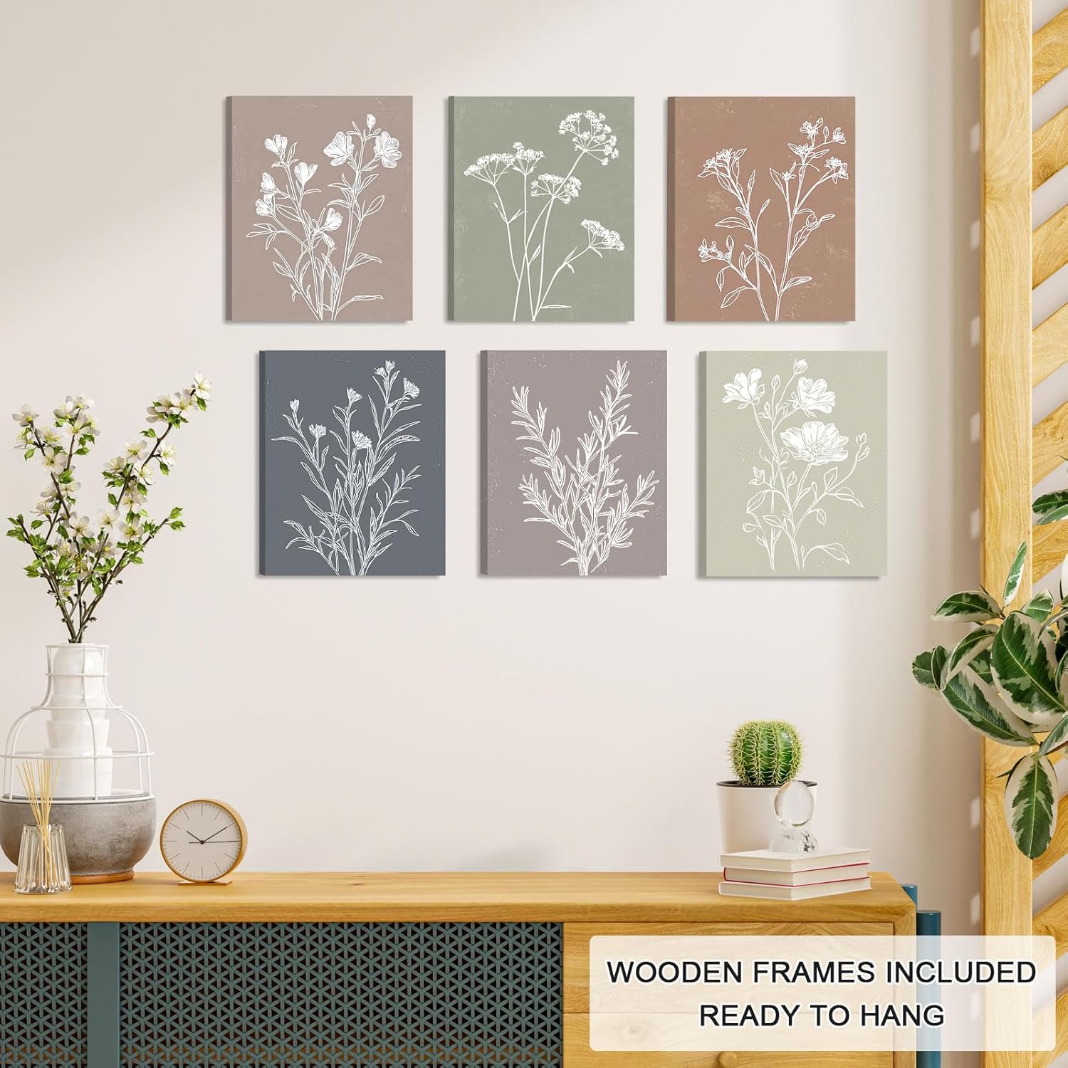 Framed Farmhouse Flower Pictures Wall Art, Nature Floral Pictures Wall Decor, Boho Botanical Wall Art for Bedroom Bathroom Kitchen Living Room Home (Framed, 8x10in, Set of 6)