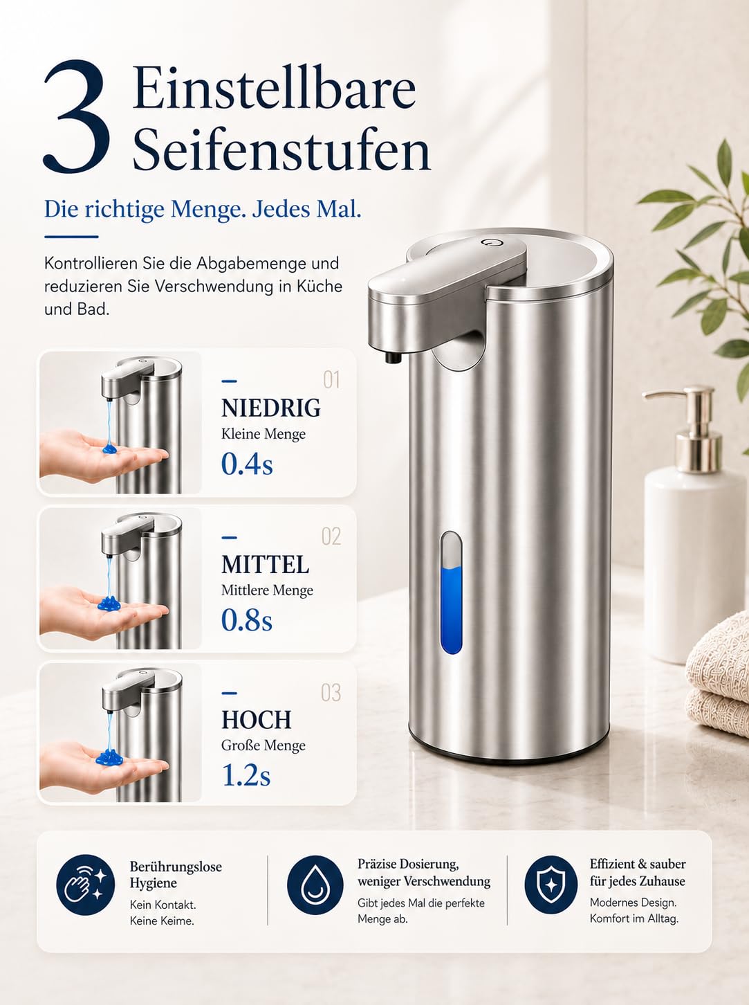 Fantictas Seifenspender Automatisch Edelstahl, USB-C, 3 Dosierstufen | Berührungsloser Sensor, 2000mAh USB-C Akku,IPX4 Spritzschutz, SUS304 Edelstahl für Bad Küche Büro，Flüssigseife