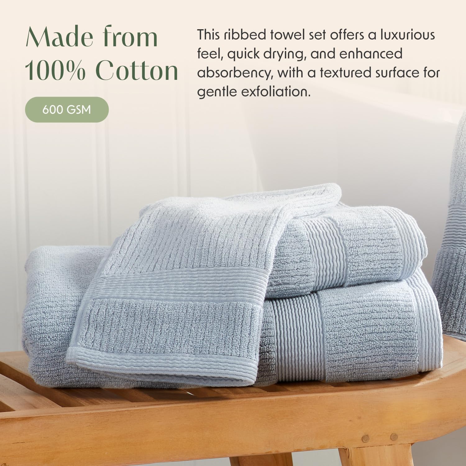 Springtree Home Blue Bath Towels Set of 4 | Ribbed Textured | 100% Combed Cotton | Absorbent Quick-Dry Towels for Bathroom | Oeko-TEX® Standard 100 Cotton | Mauro Collection - Blue Fog - Image 4