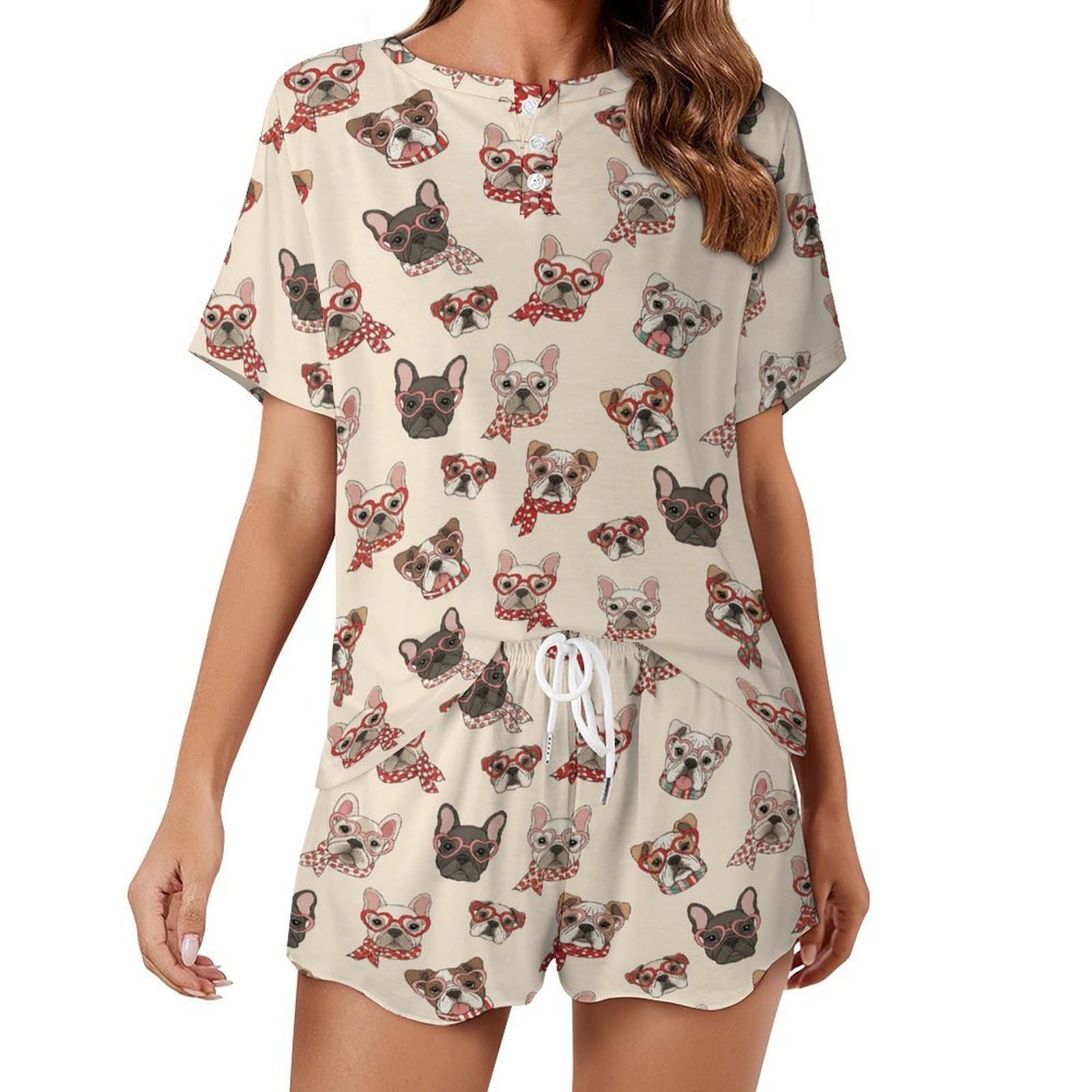 Peiyeety Women's Heart Glasses Dogs Pj Sets For Woman Short Sleeve Pajamas For Set Shorts 2 Piece Sleepwear