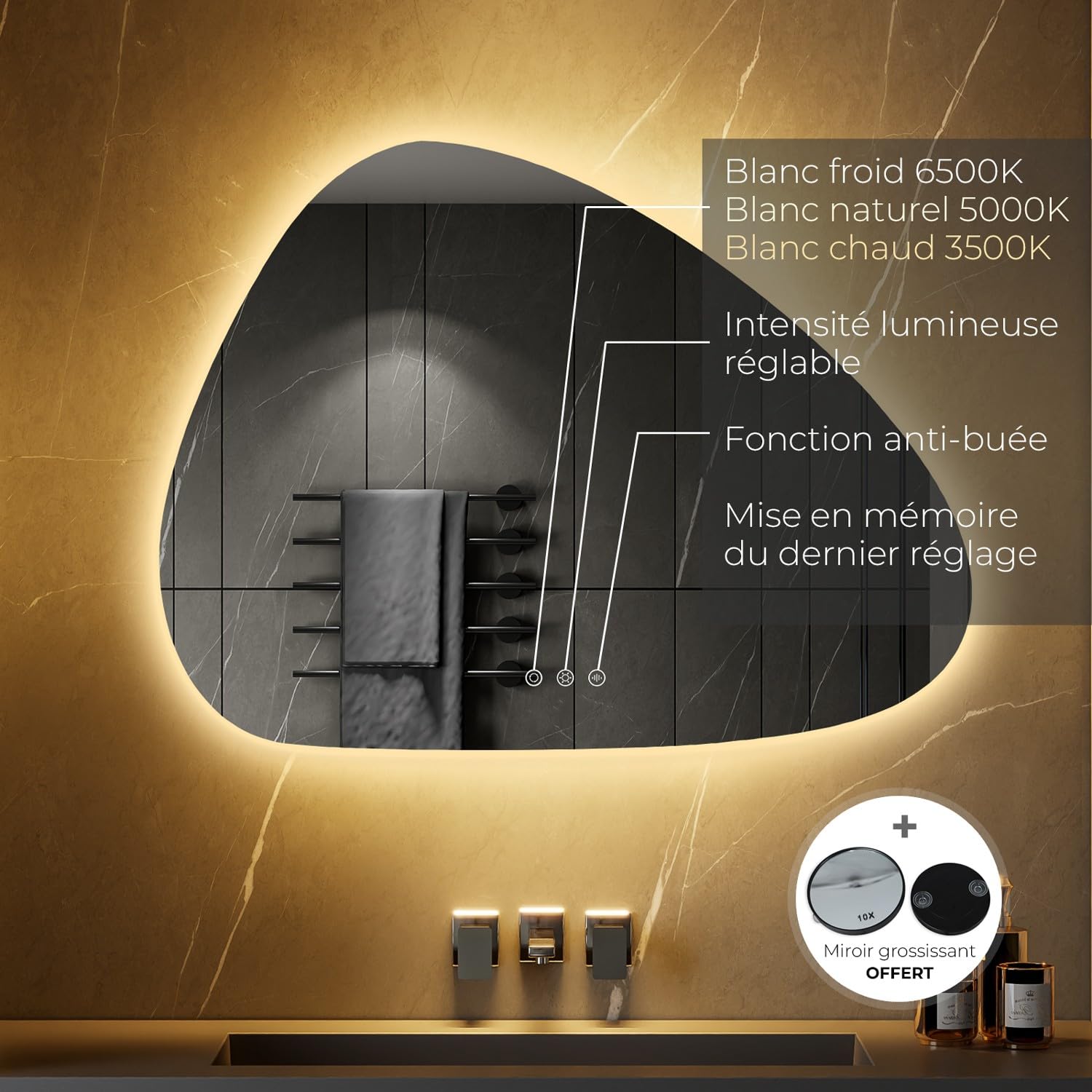 SANIVERRE GALEO Miroir Organique LED Lumineux 60 x 80 cm Tactile Anti-buée + intensité & Couleurs réglables + mémoire - réversible asymétrique
