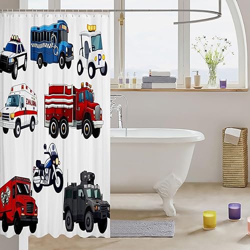 Miniatura 8 de Cortina de ducha de coche de policía para niños, cortina de baño de autobús escolar, 72 pulgadas de ancho x 72 pulgadas de largo, camión de