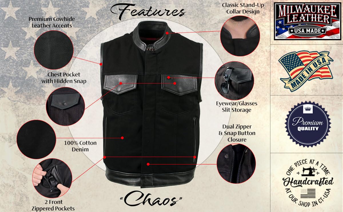 Milwaukee Leather USA MADE MLVSM5101 Men's Black Burn Out Denim and Leather Motorcycle Vest with Plaid Red Lining - X-Large