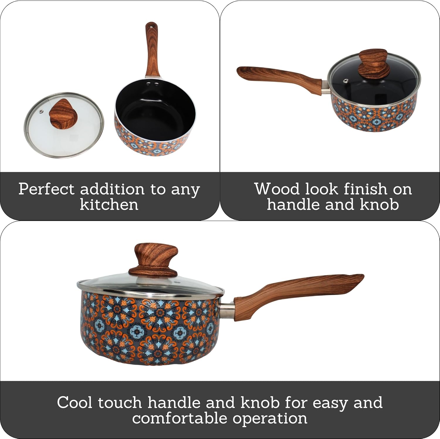 IMUSA 1.5 Quarts Talavera Nonstick Saucepan with Lid, Wood Look and Soft Touch Handle, Ceramic Coated