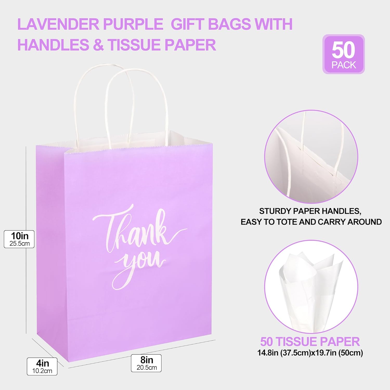 50 Pack Medium Sized Lavender Purple Gift Bags Thank You Paper Bags with Handles 10''x8''x4'' and 50 White Tissue Paper for Business, Wedding Baby Shower Birthday Party Favors, Christmas Gifts - Image 4