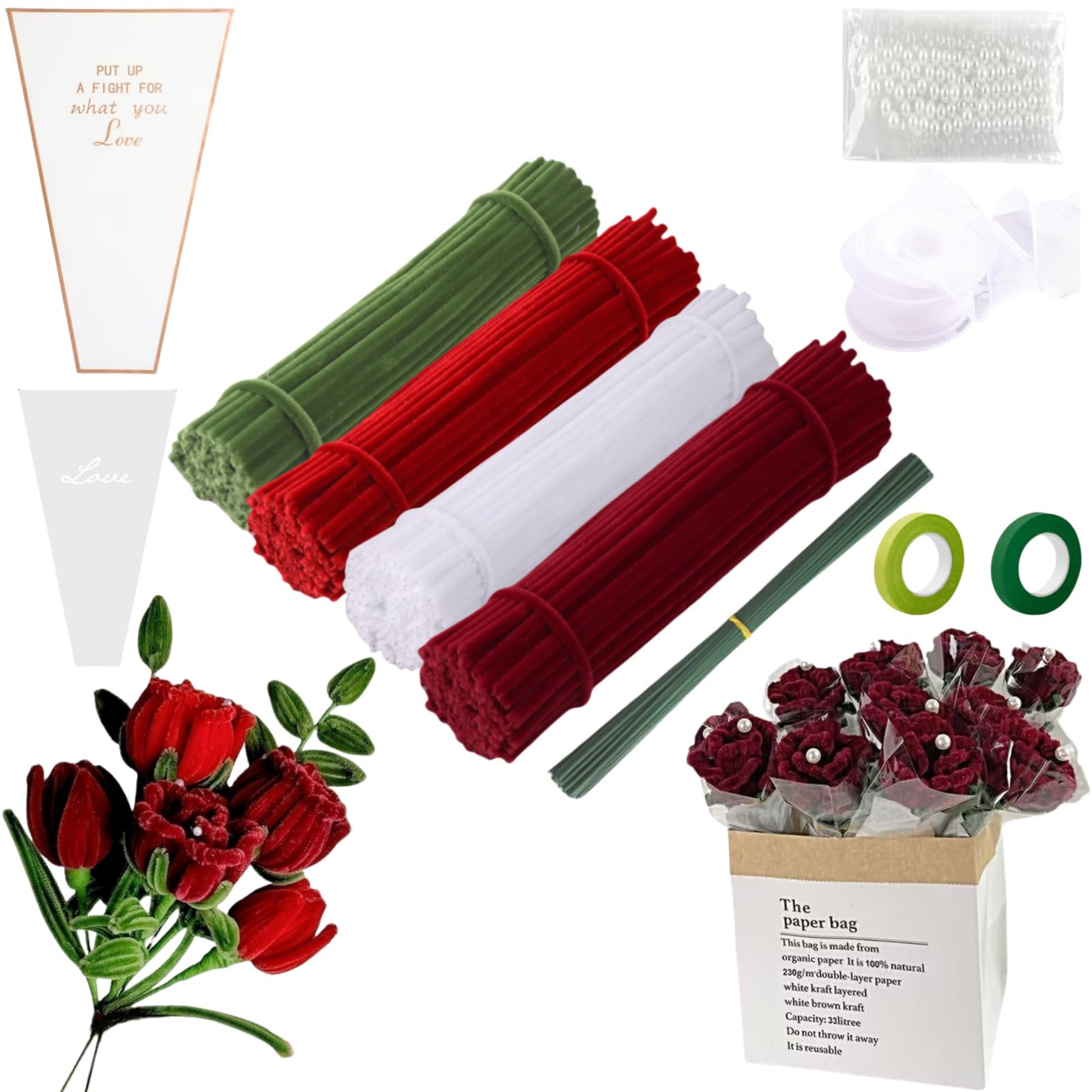Rot Pfeifenputzer zum Basteln Set, 300 Stück Rose Blumenstra