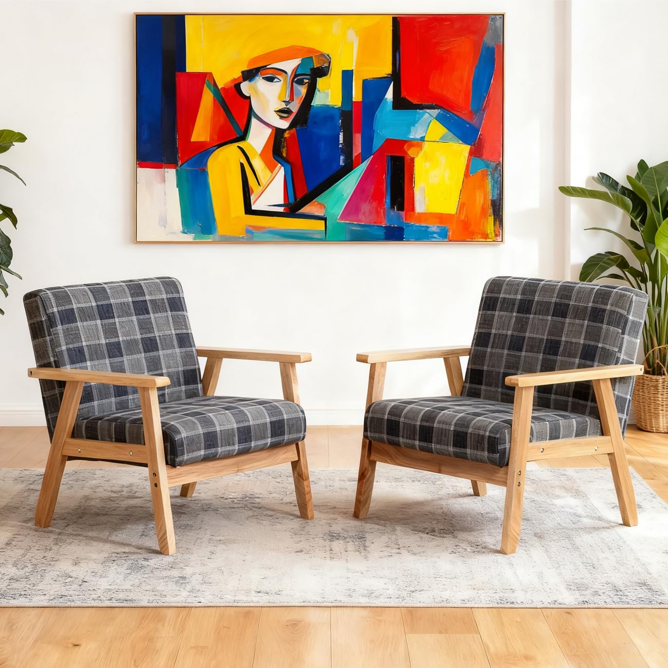 Accent Living Room Armchair, Midcentury Leisure Chair with Thick Pad, Lounge Single Sofa Reading Arm Chairs for Bedroom Home Office, Upholstered Comfy Tub Chair with Wood Frame (Tartan Set of 2)