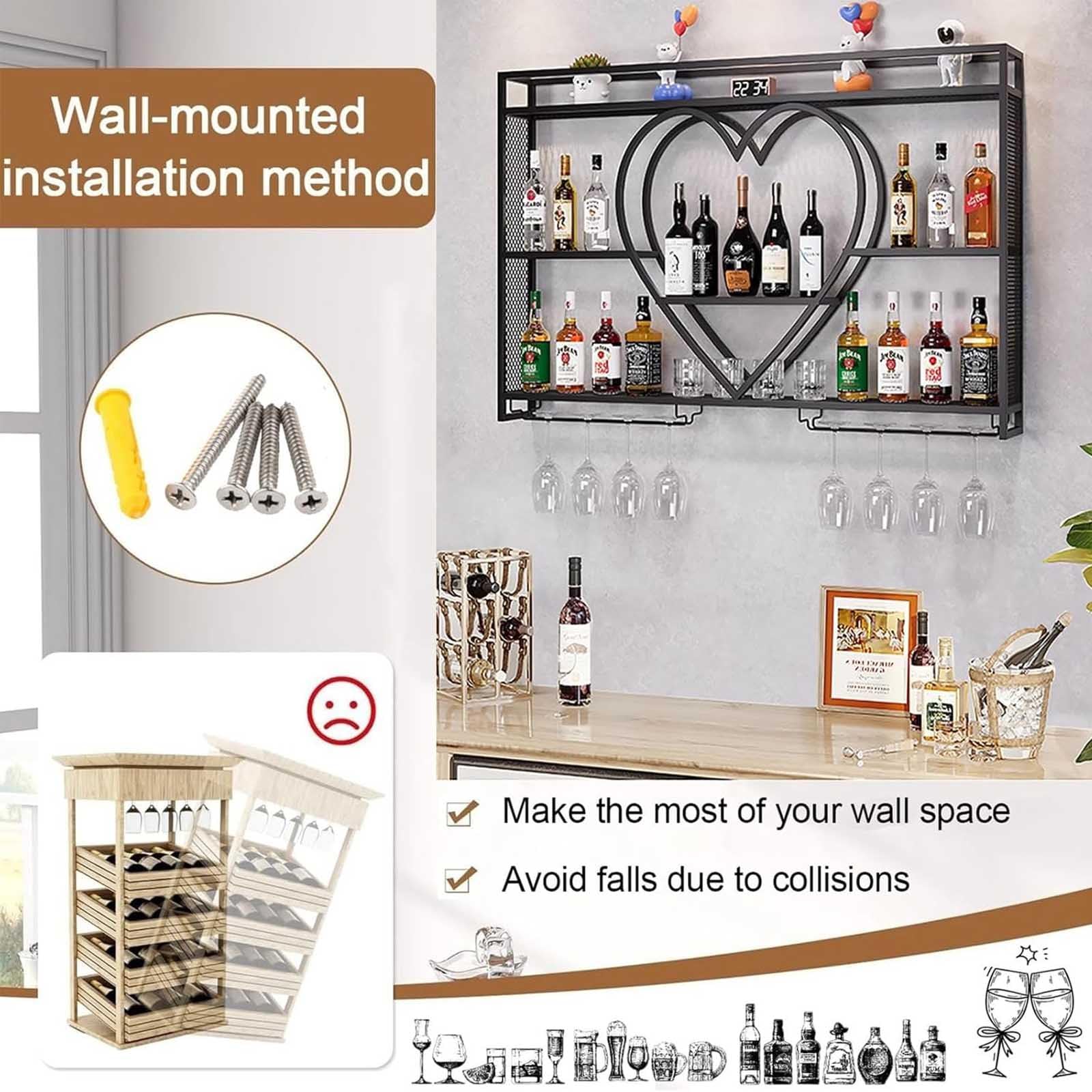 Portabottiglie da Parete in Metallo con Ripiani sospesi, Ideale per Bar Domestici e riranti.