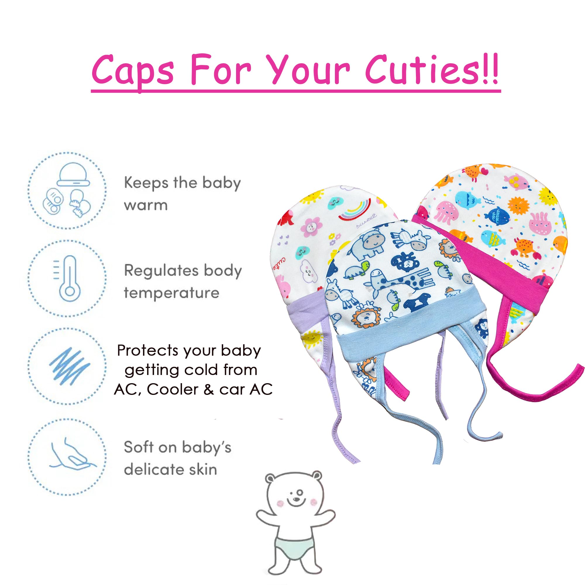 VParents Cotton Cap for New Born Baby Baby Boy&Girl (0-6 Months)-Pack of 3 Multicolor - Image 4 thumbnail