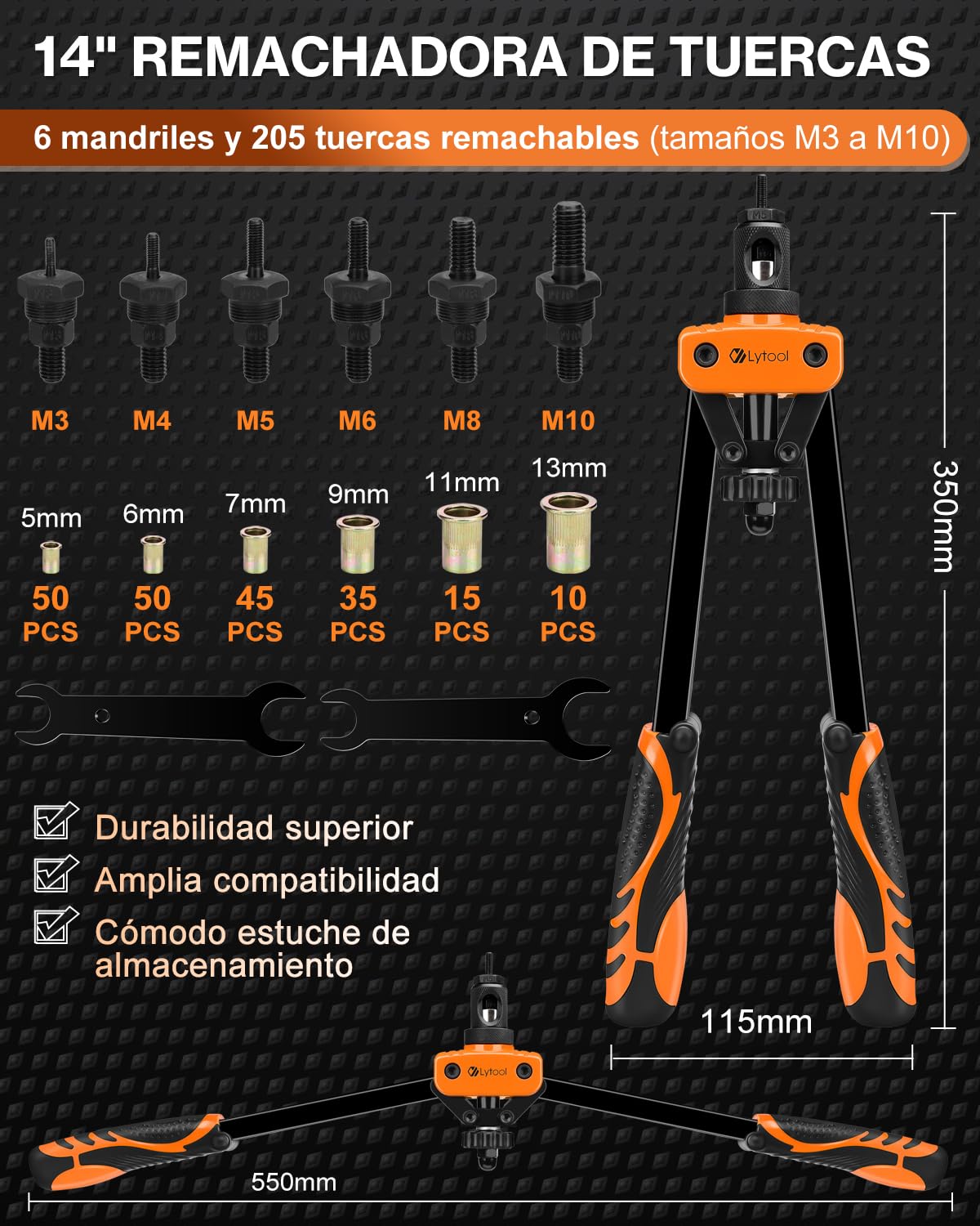 Remachadora de Tuercas, Lytool 14" Pistola Remachadora Profesional Remachadora Manual Con 205pcs Tuercas de Remache, y 6 Mandriles Intercambiables M3 M4 M5 M6 M8 M10
