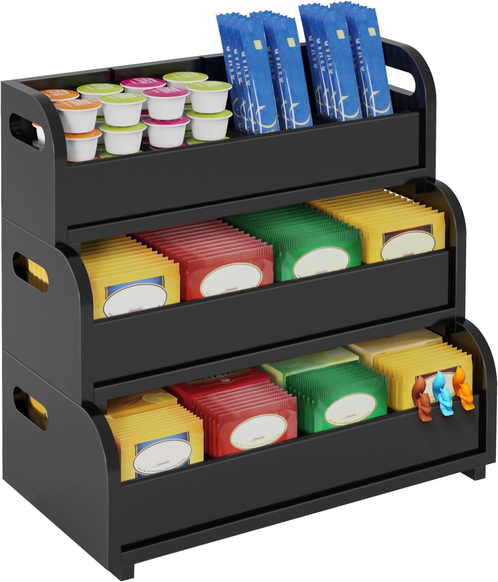 Wisuce Tea Holder For Bags Organizer - Black Bamboo 3-Tier Stackable Wall Mount Large Capacity Storage Box To Pantry Countertop Kitchen Office