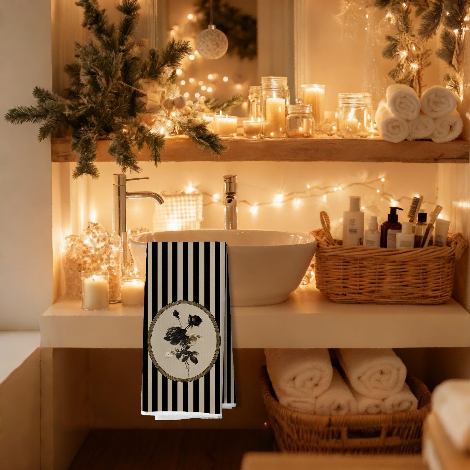 Vintage Black Rose Floral Kitchen Dish Towels, Black and Beige Striped Gothic Flower Decorative Hand Tea Towels for Bathroom Kitchen, 16x24 Inches