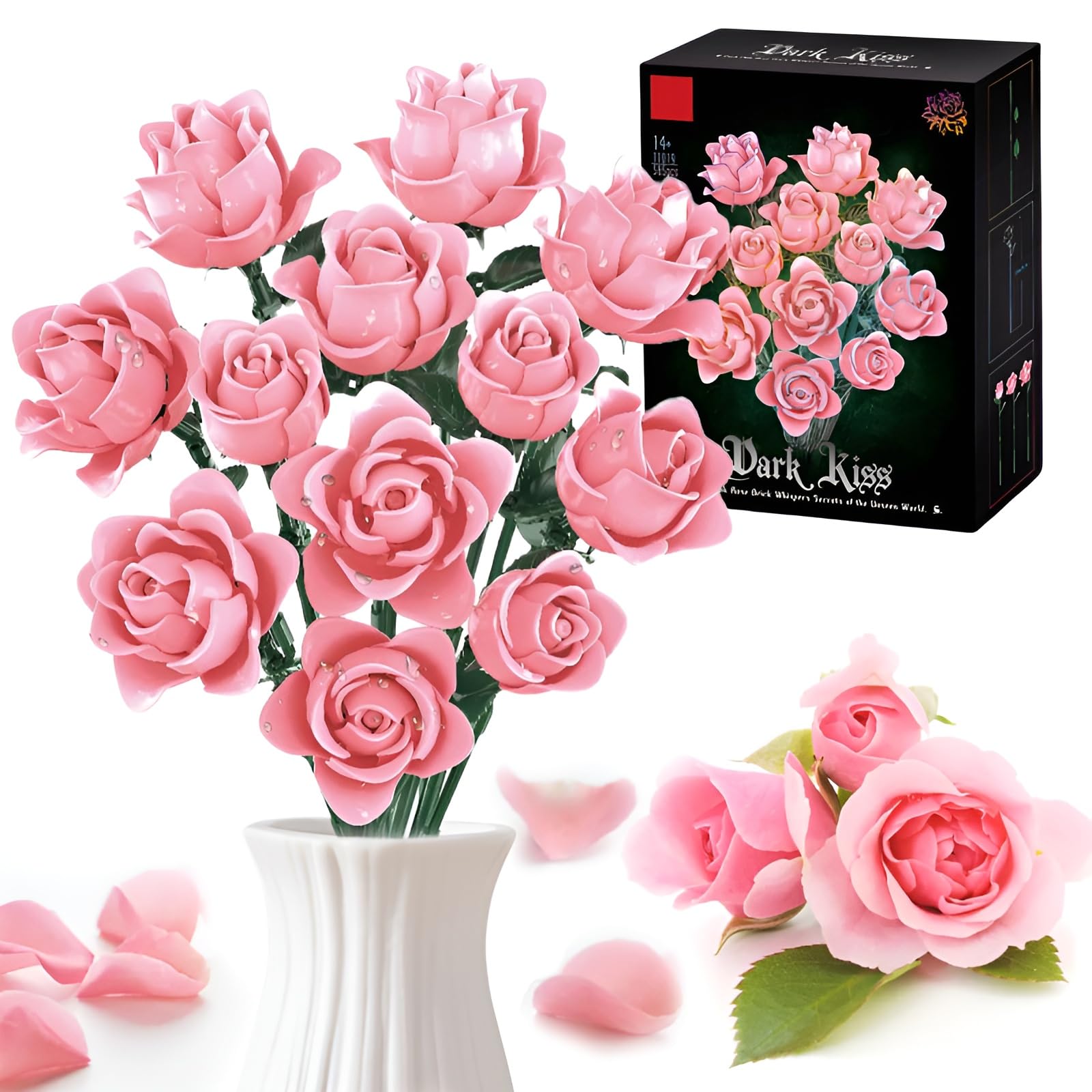 Pink Rose Bouquet Building Blocks Kit for Adults, Flowers Botanical Collection Clamping Building Blocks Toy, Artificial Flowers for Home Office Decoration, Gift for Her Women Adults (585 Pieces)