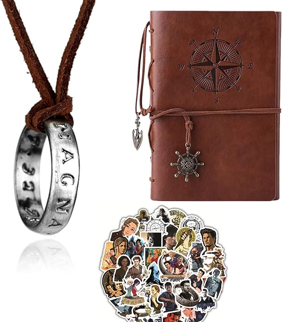 XHBTS Uncharted 4 Drake 20 Stickers and Engraved Ring Pendant Necklace,Brown Leather Chain and Travel Journal Writing Notebook, Vintage PU Leather Note Book, A7(Brown)