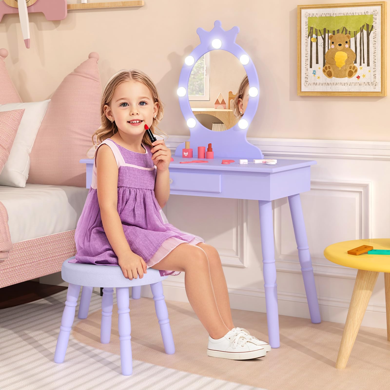 KOTEK Kids Vanity with Lights, Crown Themed Princess Makeup Dressing Table with Drawer, Cushioned Stool, Solid Wood Legs, Pretend Play Vanity Table and Chair Set for Little Girls (Violet)