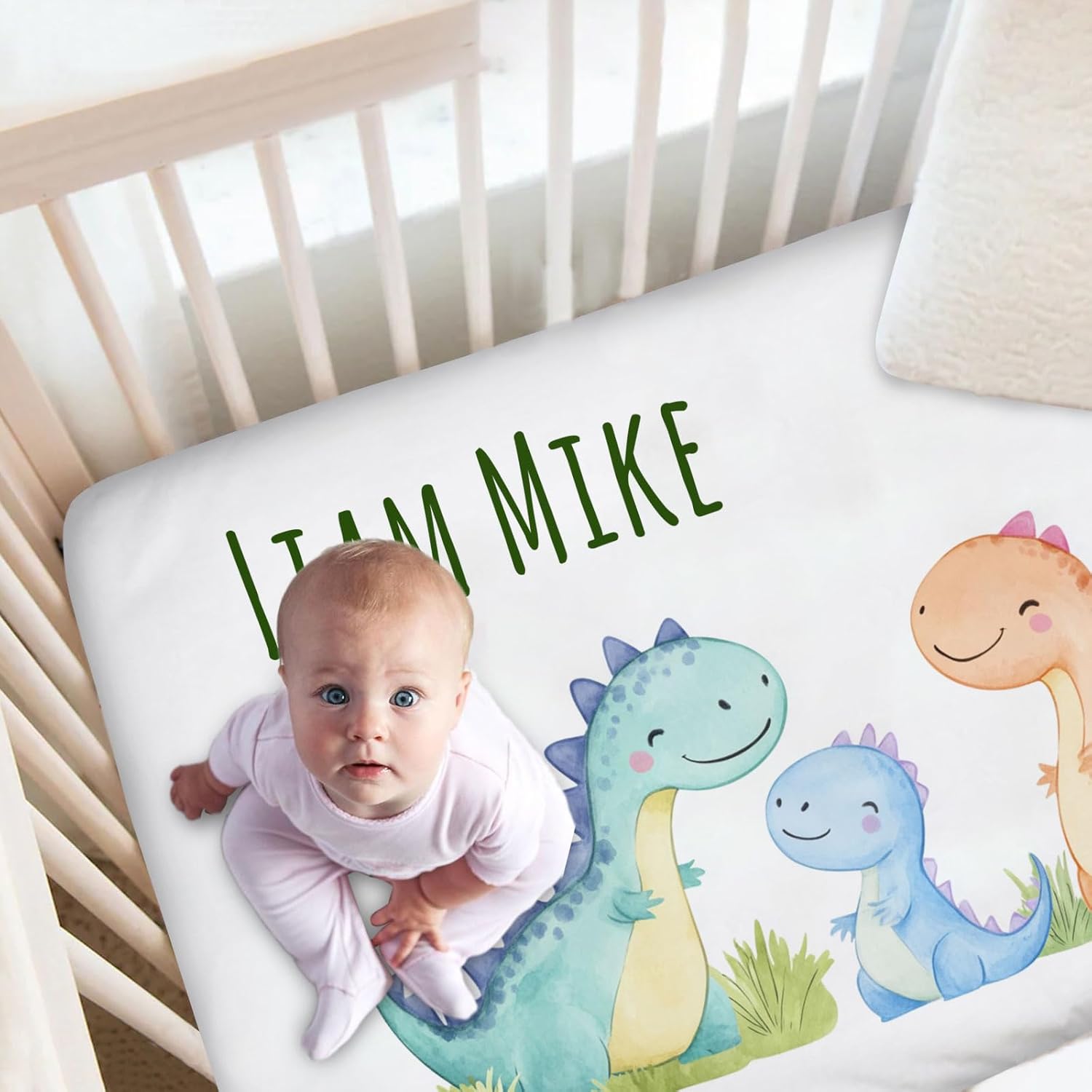 Personalized Baby Fitted Crib Sheets with Name, Custom Name Baby Crib Mattress Sheet for Boys Girls, Dinosaur Baby Bedding Sets, Nursery Soft Infant Newborn Fits Standard Mattress Toddler Bed