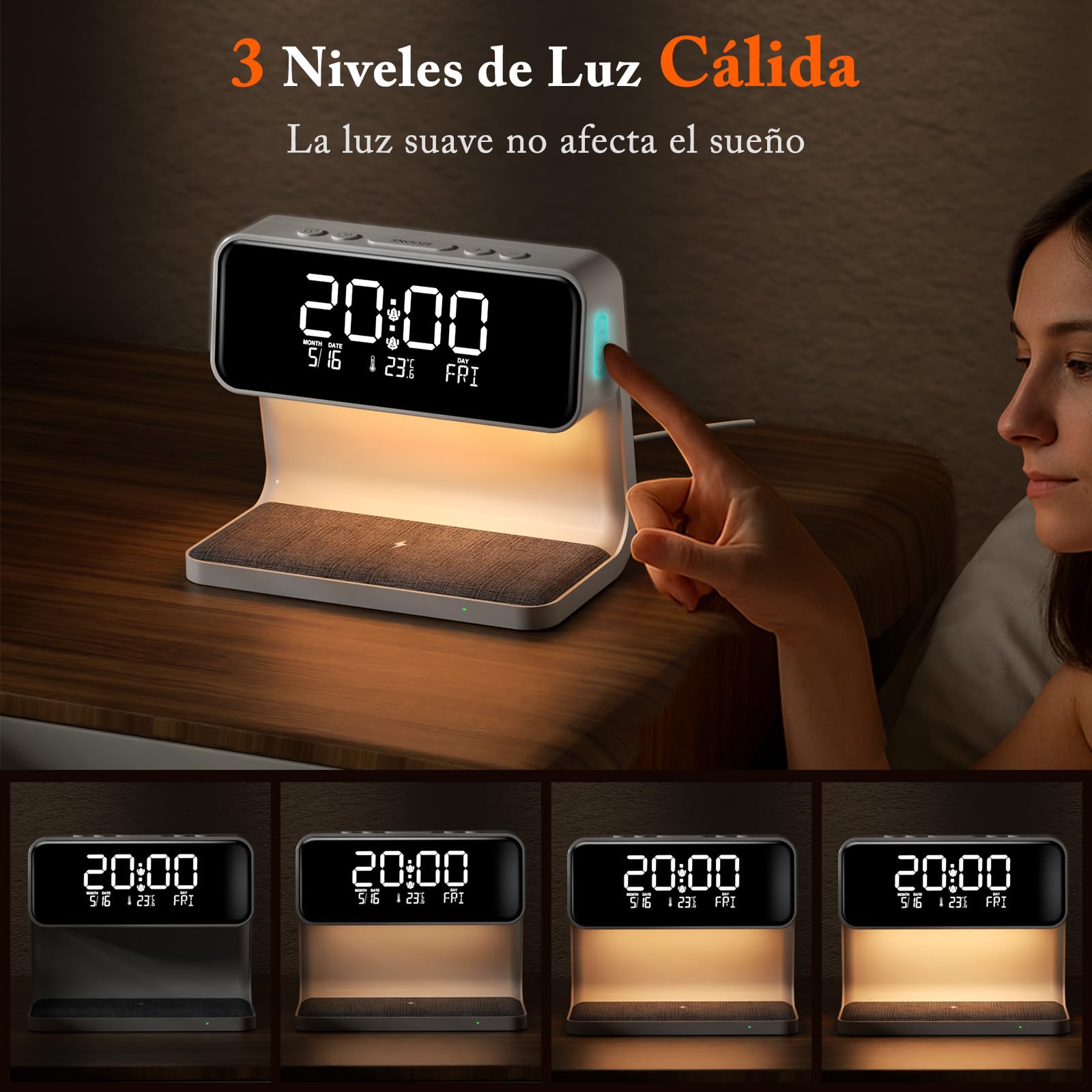 Despertador Digital, Reloj Despertador con Cargador Inalámbrico 15W, LED Pantalla Temperatura/Fecha/2 Alarmas/Snooze Ajustable/12/24H, Despertador Luz con Control Táctil para Infantil Adultos