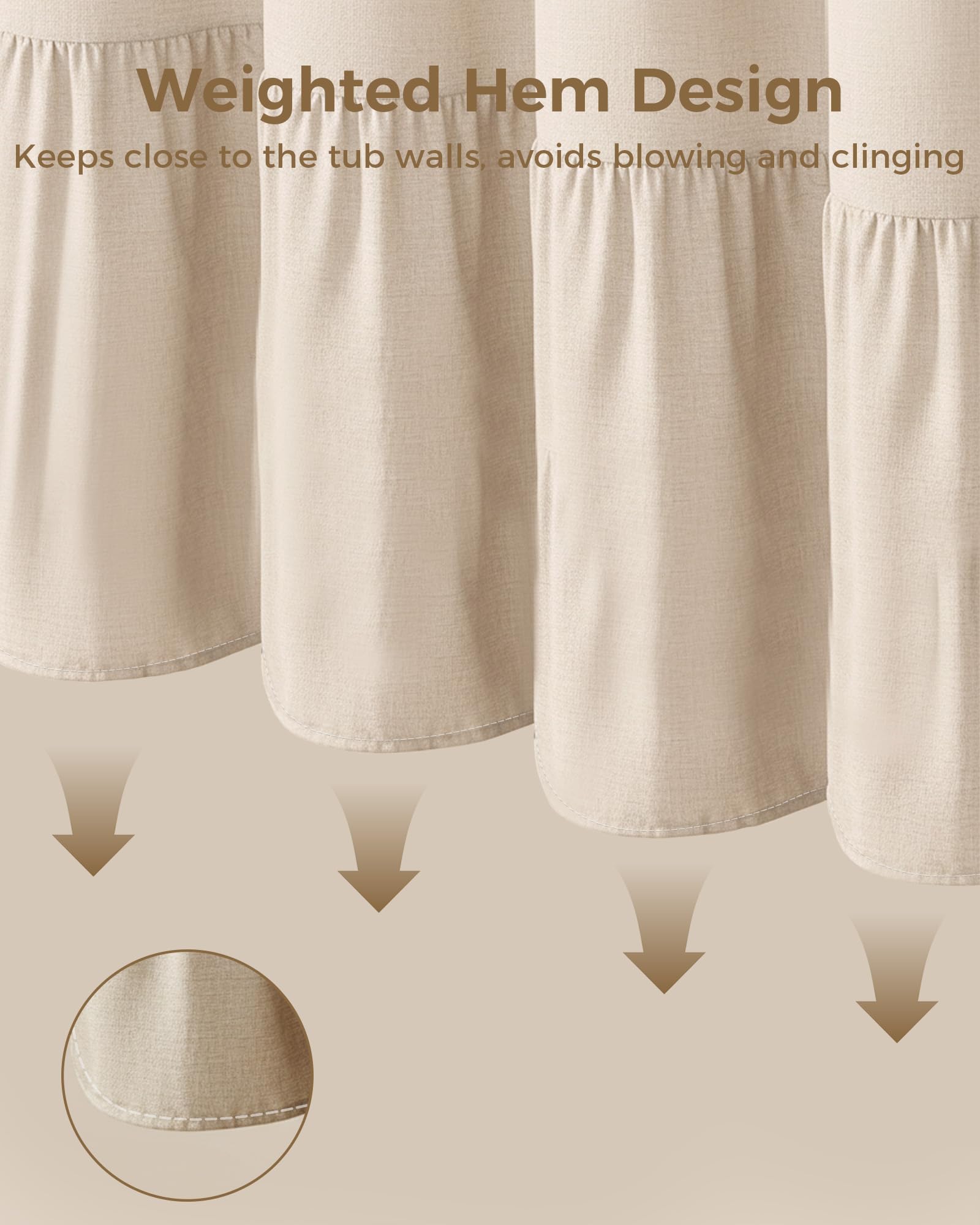 Tenda da Doccia in Lino Beige 180x200 cm – Impermeabile, Antimuffa e Antibatterica, Tessuto Pesante 180GSM con Orlo Zavorrato, Lavabile Tenda da doccia, con 12 Ganci per Bagno