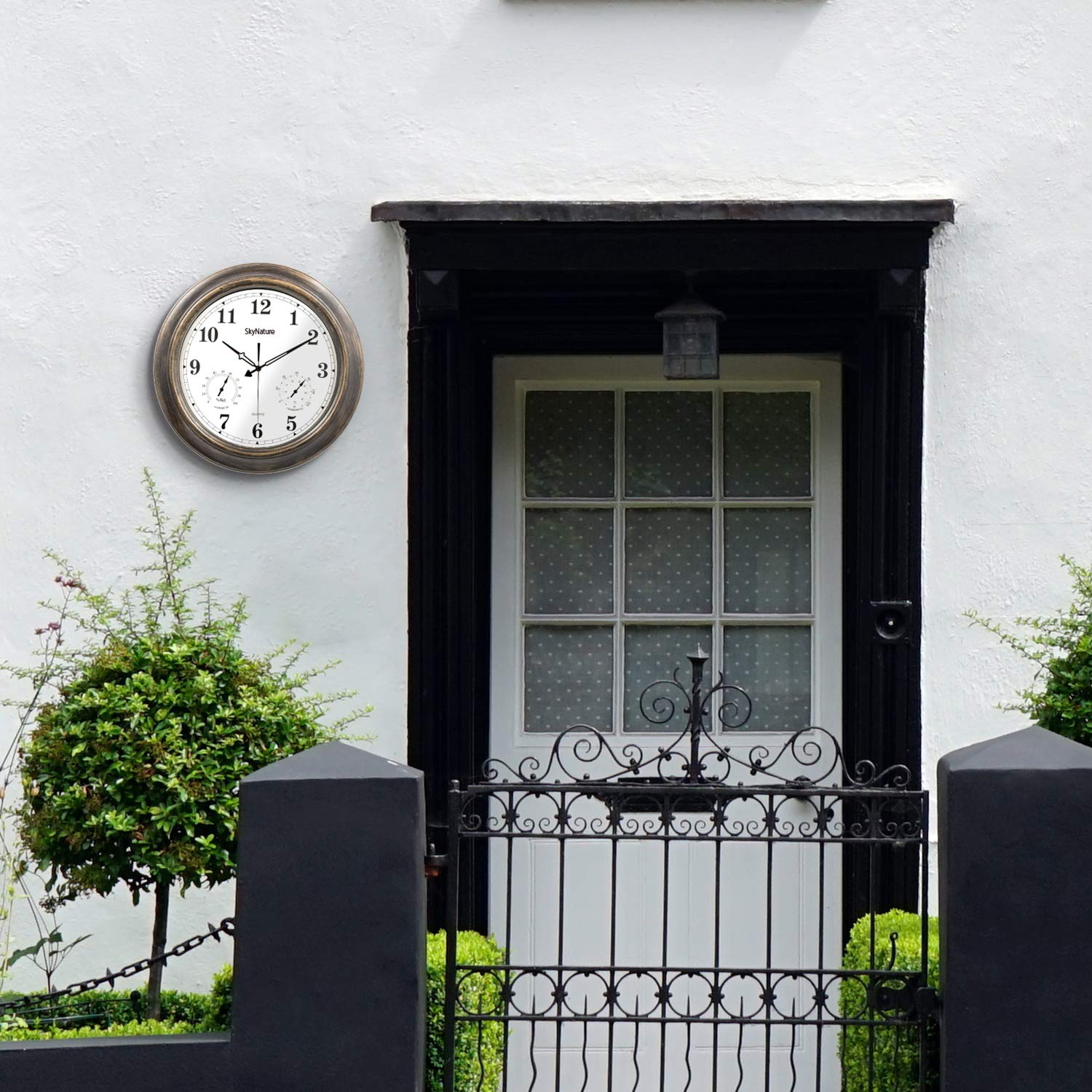 Große Outdoor Gartenuhr, 45cm Retro Wetterfest Uhr mit Thermometer und Hygrometer, Leise Ohne TickgeräUsche Metall Wanduhr, Wasserdicht Uhr für Zaun, Terrasse, Pool, Badezimmer - Bronze