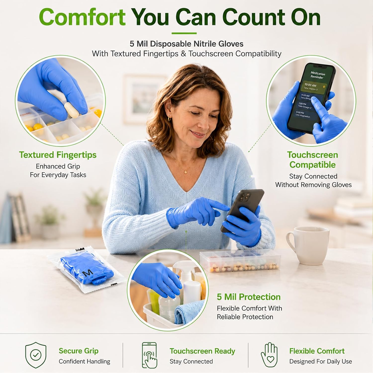 TREEGO Individually Wrapped Nitrile Gloves Large, 510(k)-Cleared Medical Exam Grade Gloves, 5 Mil Latex Free Disposable Gloves, 60 Packs (120 Count) for Caregiving, Household Cleaning