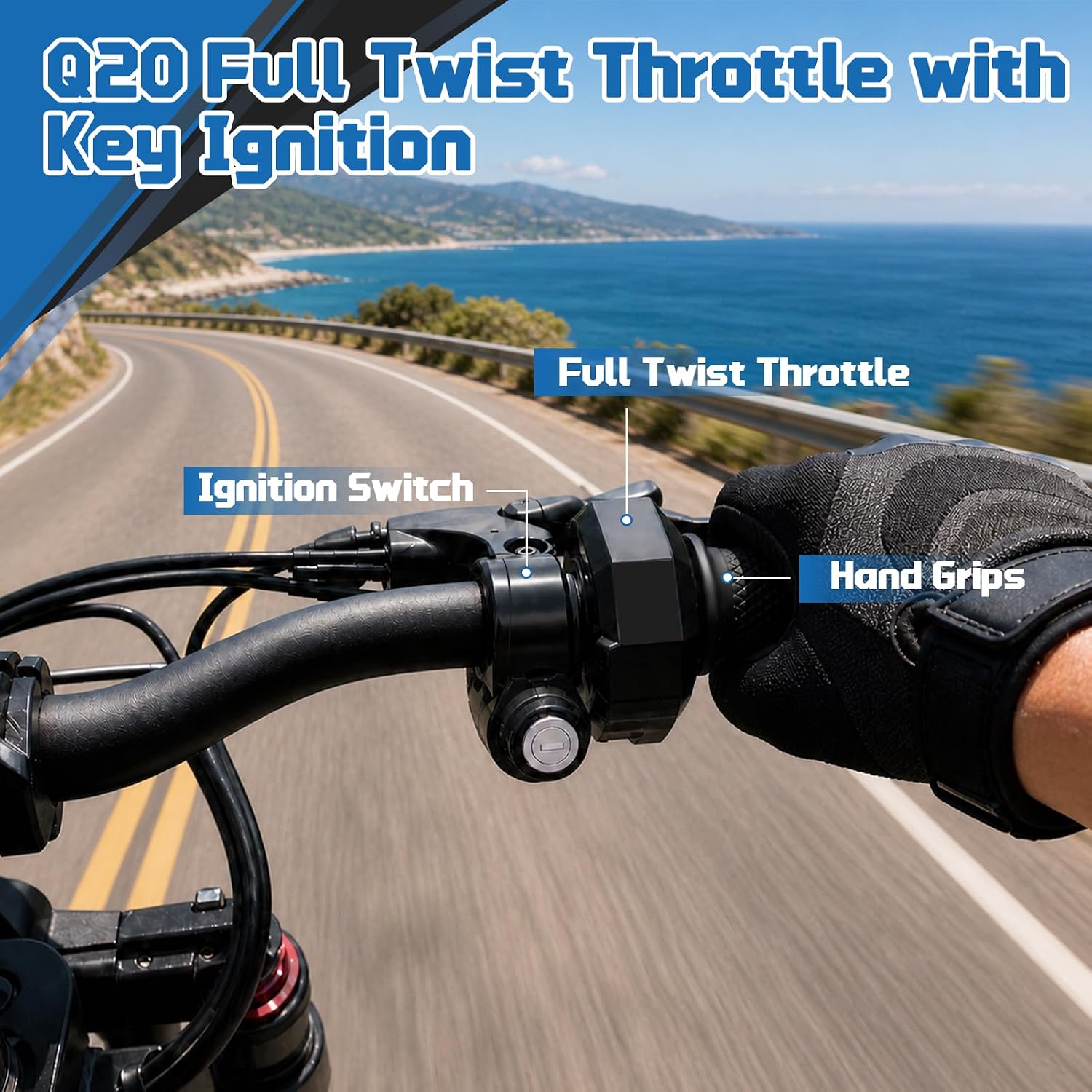 NOOTEASS Q20 Full Twist Throttle Replacement for Ridstar Q20 Electric Dirt Bike E-Bike, Sur-Ron Throttle Grip Cable with Rolling Bearing for Q20 Mini H20 Pro Ebike Parts with Ignition Switch Kit