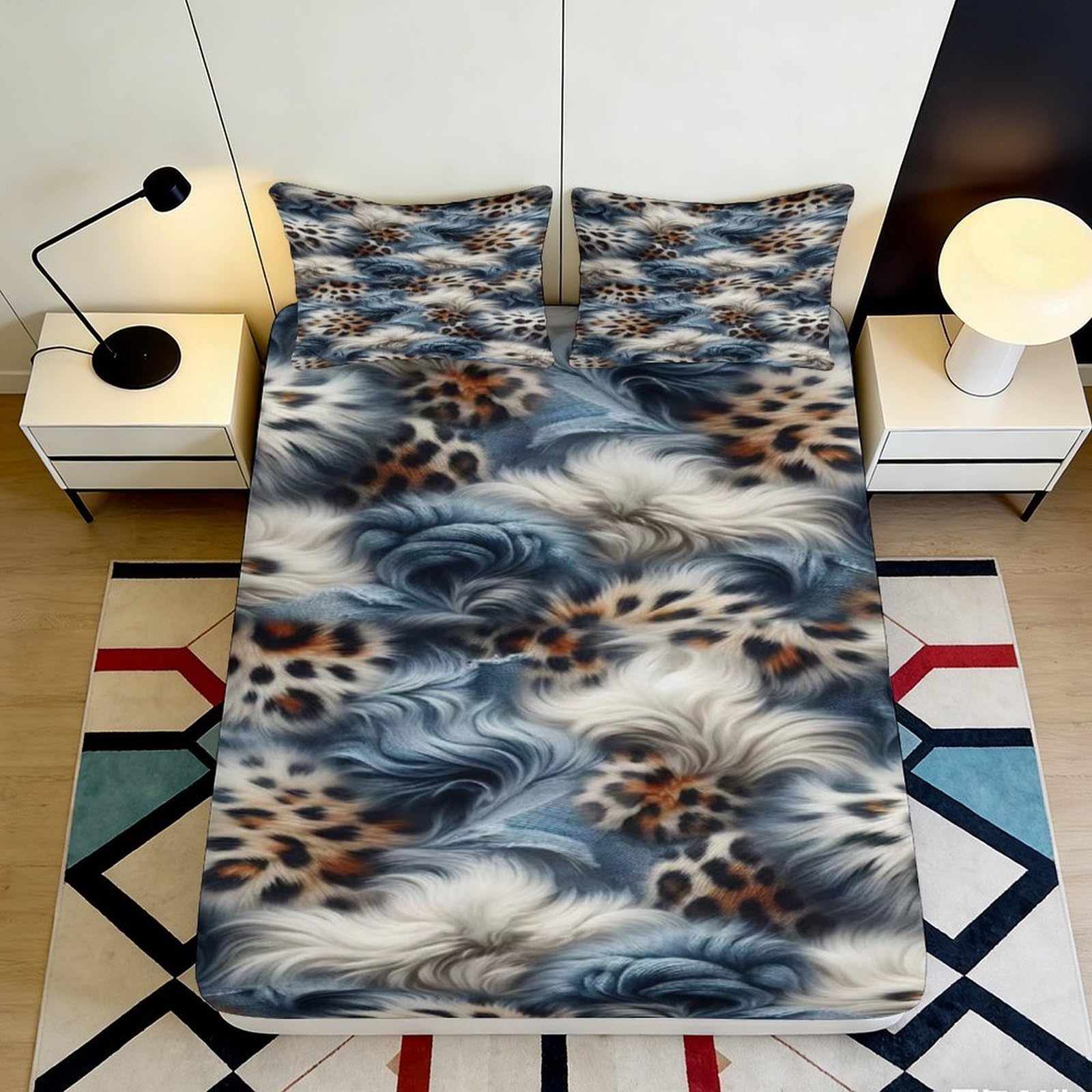 3D Printed Leopard Fur Pattern Fitted Sheet Microfiber Soft Non-slip Mattress Cover for Bedroom Dorm Decor, Machine Washable 200x200x25cm