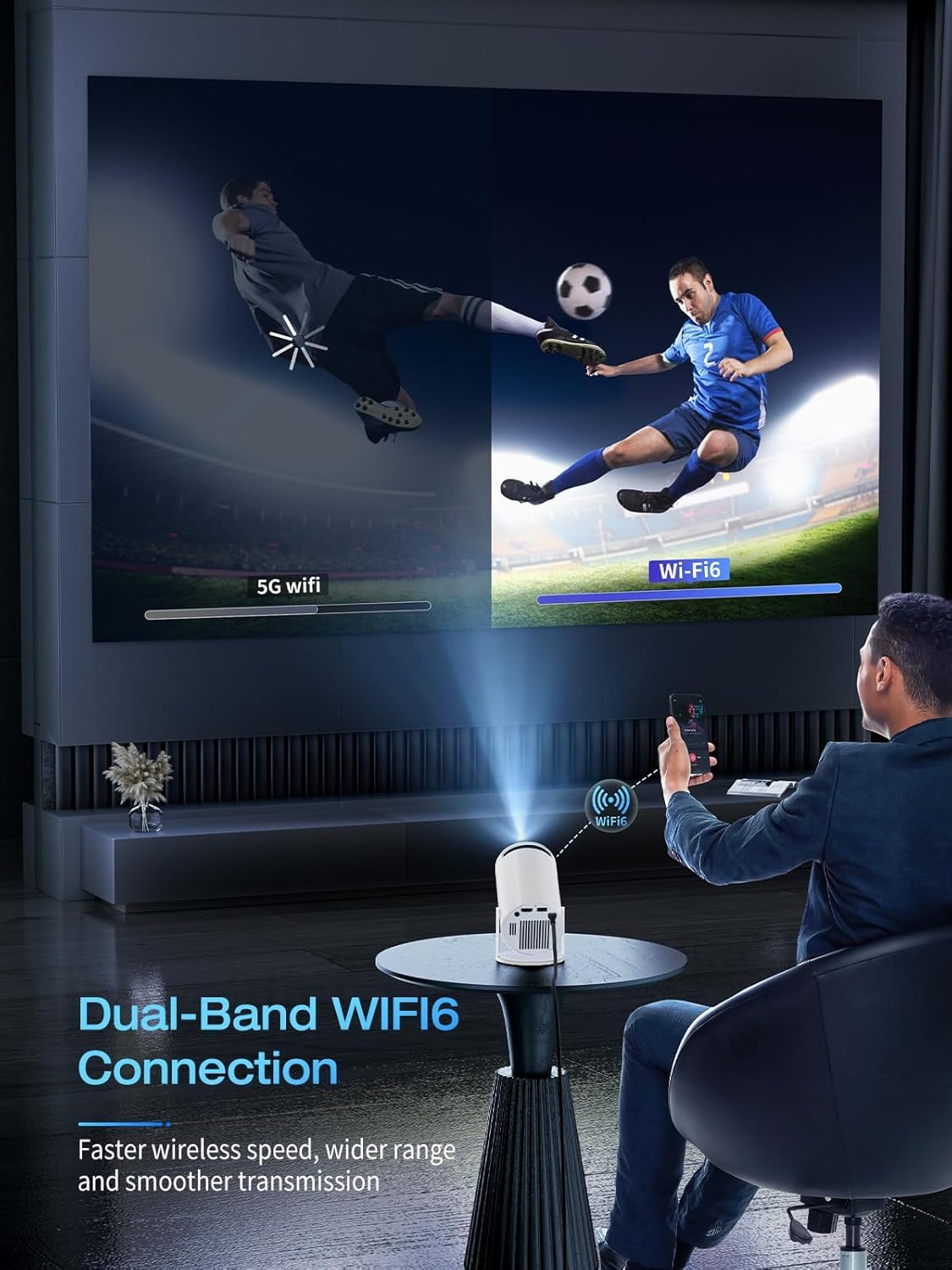[App integrate e Android 11.0] Proiettore portatile WOLFANG 20000 Lux 4K supportato rotazione a 180° e Keystone automatico, compatibile con TV Stick/Windows/iOS/Android/HDMI/USB (1080P)