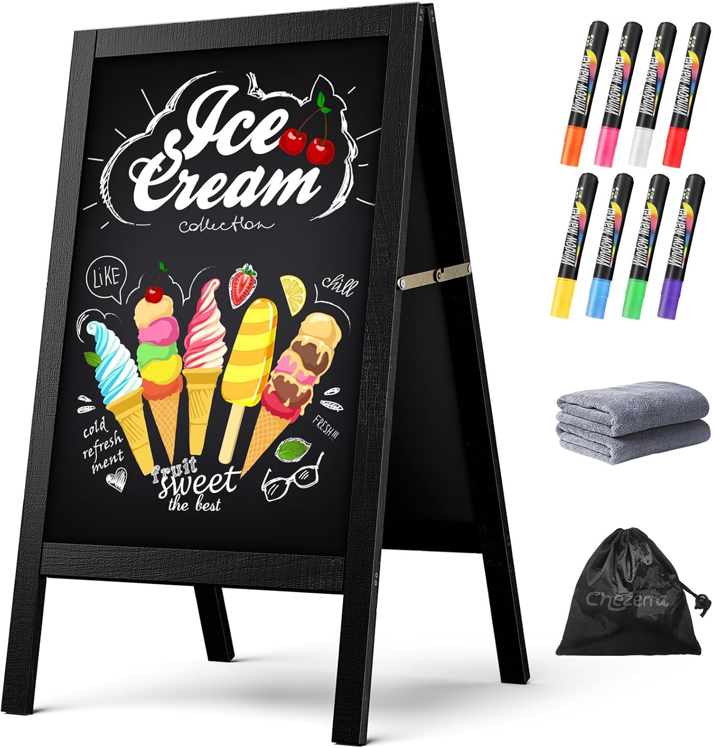 A Frame Chalkboard Sign, 40"x20" Extra Large Sidewalk Chalk Board, Wooden Standing ChalkBoards Set with Markers, Double-Sided Magnetic Blackboard for Cafés, Weddings, Party Guide, Black