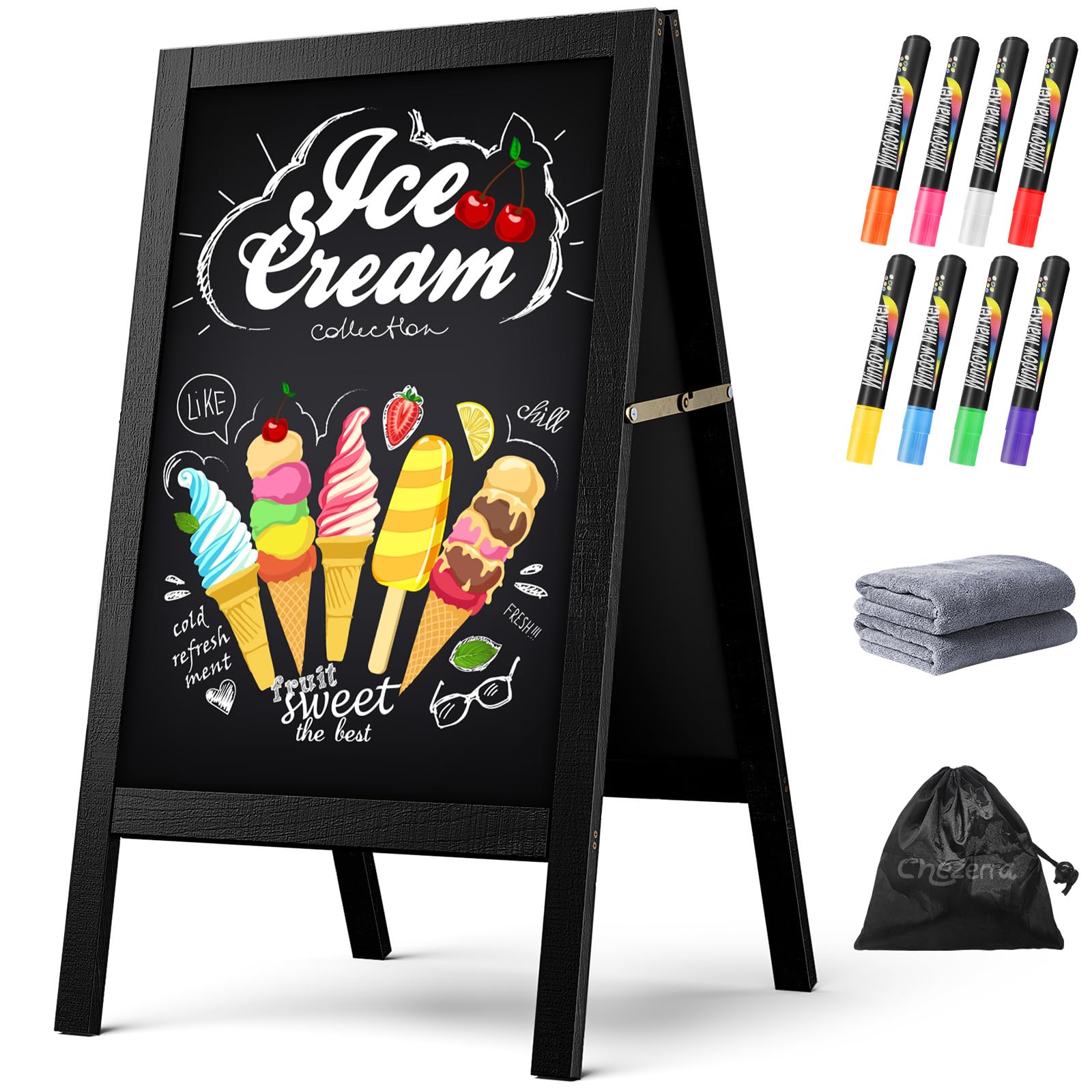 A Frame Chalkboard Sign, 40"x20" Extra Large Sidewalk Chalk Board, Wooden Standing ChalkBoards Set with Markers, Double-Sided Magnetic Blackboard for Cafés, Weddings, Party Guide, Black