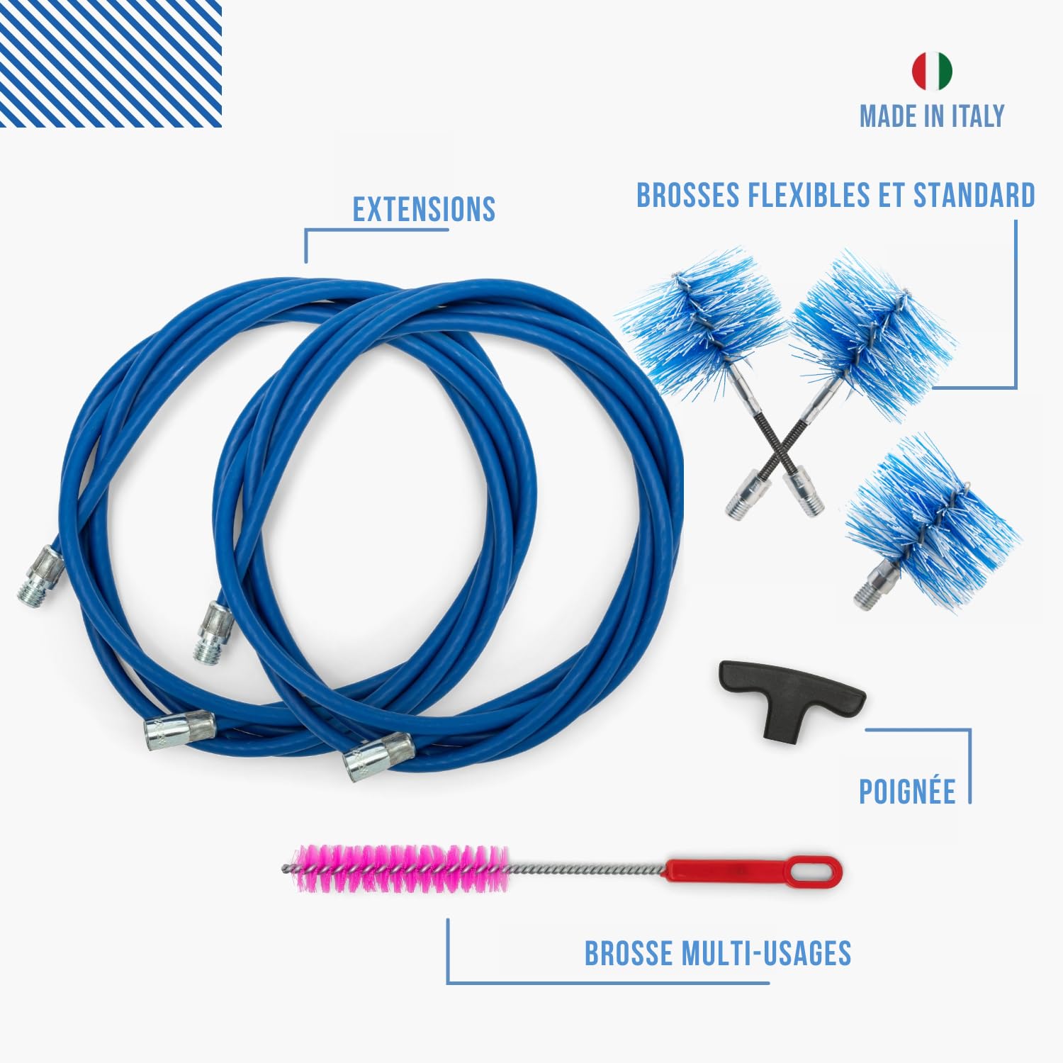 BARETTO Flex | Kit de ramonage poêle à granulés | Conduit de fumée Ø 80 + 100 + 120 mm | Longueur 6 m | 2 hérissons articulés + 1 Standard | Raccord M12