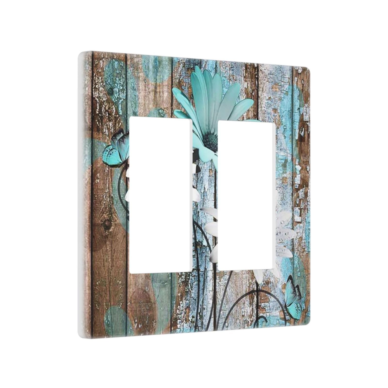 Vintage Farmhouse Teal Flower Butterfly 2 Gang Double Decorator GFCI/Rocker Wall Plate Rustic Blue/White Floral Daisy Wooden Electrical Outlet