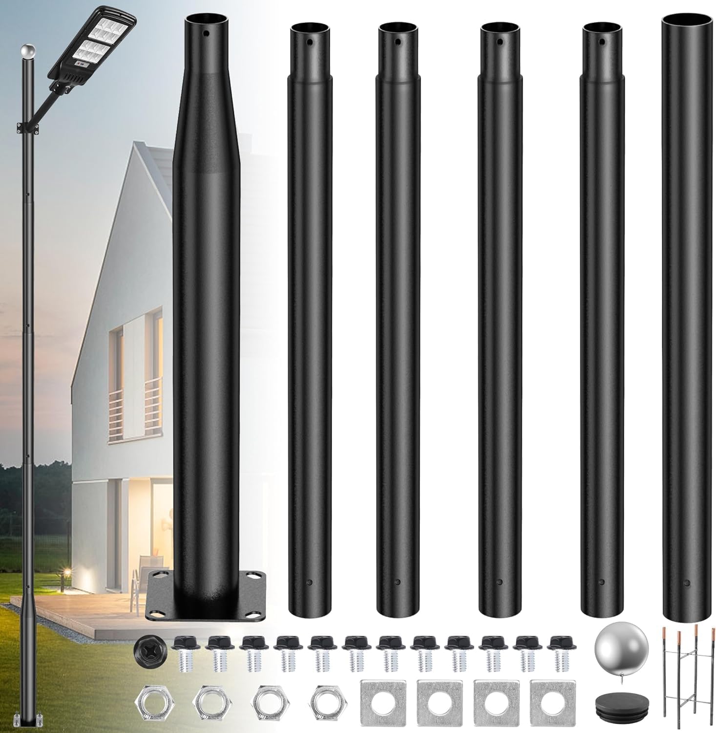 Street Light Pole 10ft Tall,Metal Street Lamp Post for Outside Solar Lights Split Poles for Light with Mounting Steel Anchors Accessory for Street,Backyard,Park,Parking,Patio,Driveway Pathway