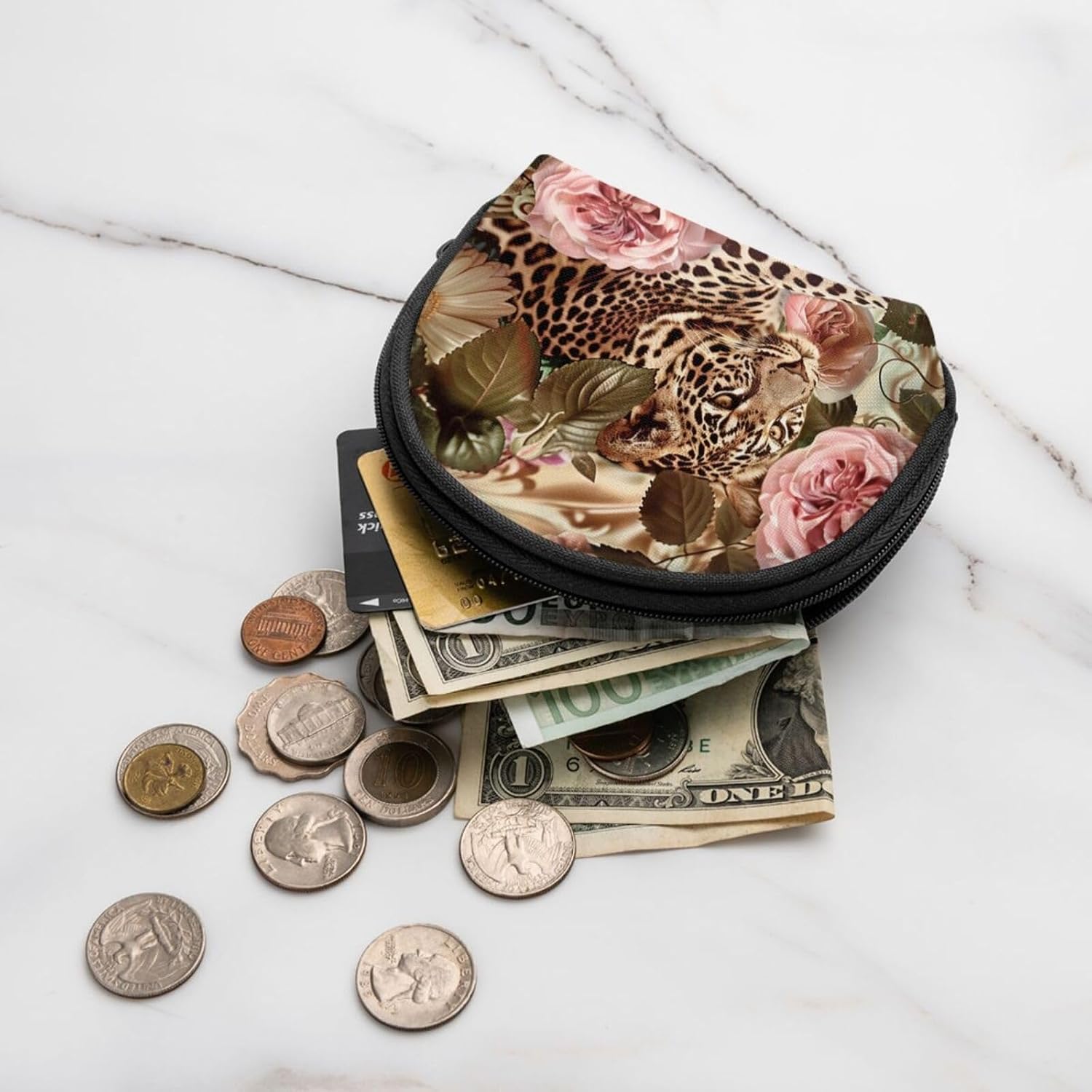 Striped Rose and Leopard Printed Coin Purse for Women Cute Small Change Wallet Mini Coin Purses Pouch with Zipper