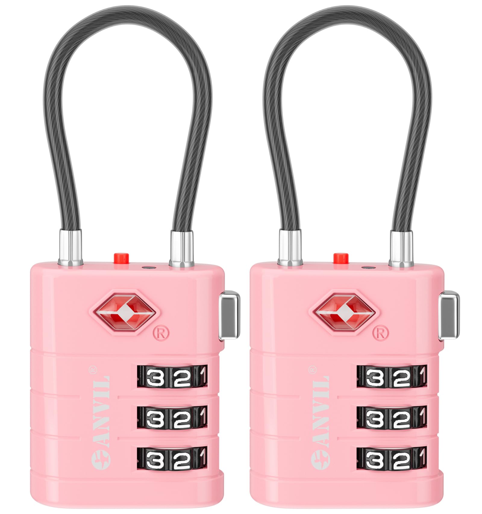 ANVIL TSA Approved Luggage Locks – High Security TSA008 Combination Travel Locks with Inspection Indicator for Suitcases and Backpacks. (2, Pink)