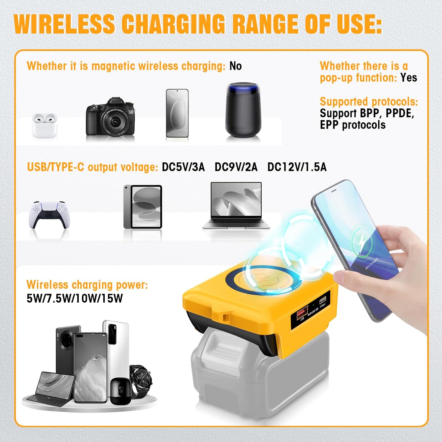 Phone Wireless Charger with Type C Port,for Dewalt 20V Battery,15W Max Wireless Charging Pad for Apple iPhone, for Samsung Galaxy, Pixel, Pro & More - Image 4