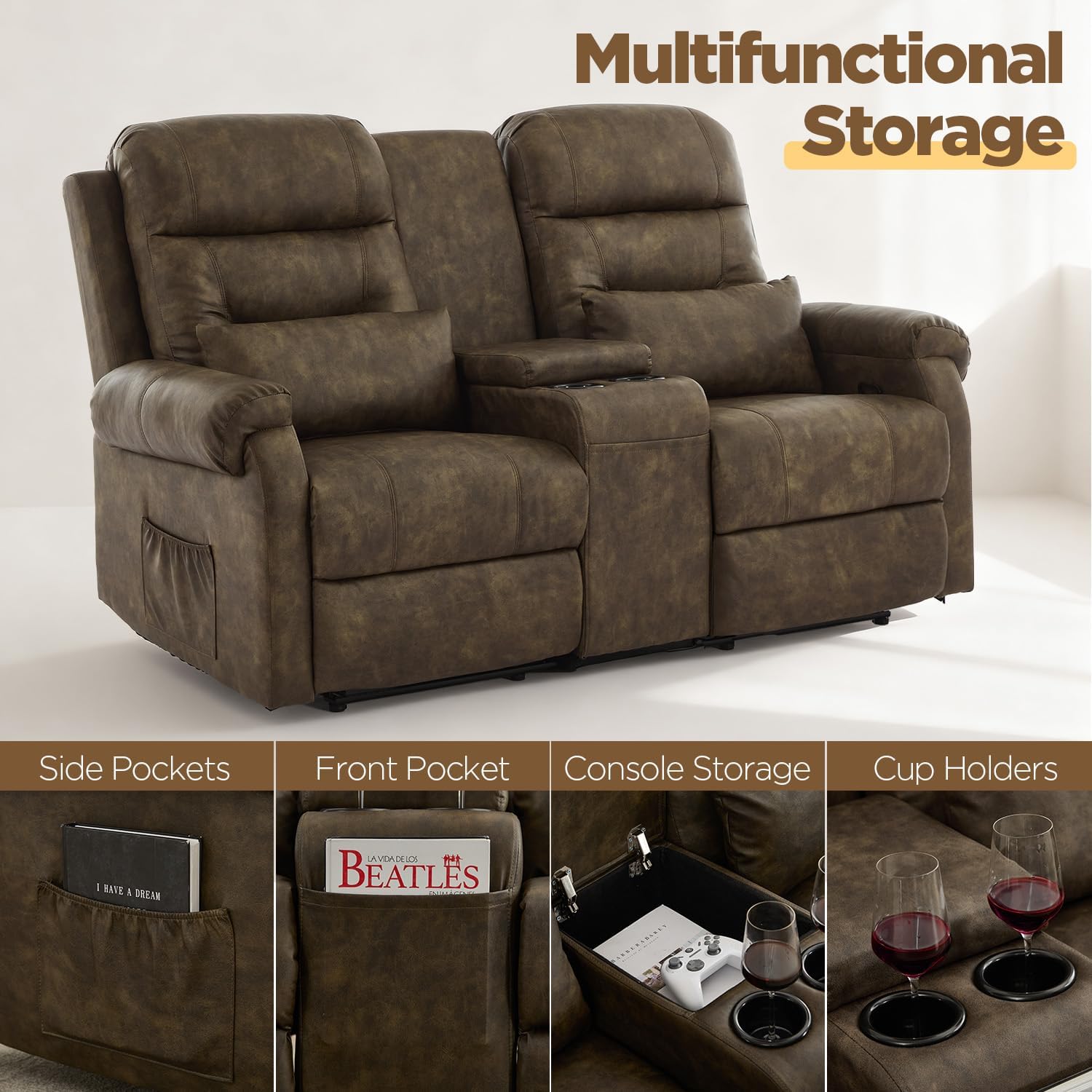 RV Loveseat Recliner with Console, Reclining Loveseat Sofa, Manual Home Theater Seating with Pockets/Cup Holders for Living Room/RV Furniture (Antique Taupe)