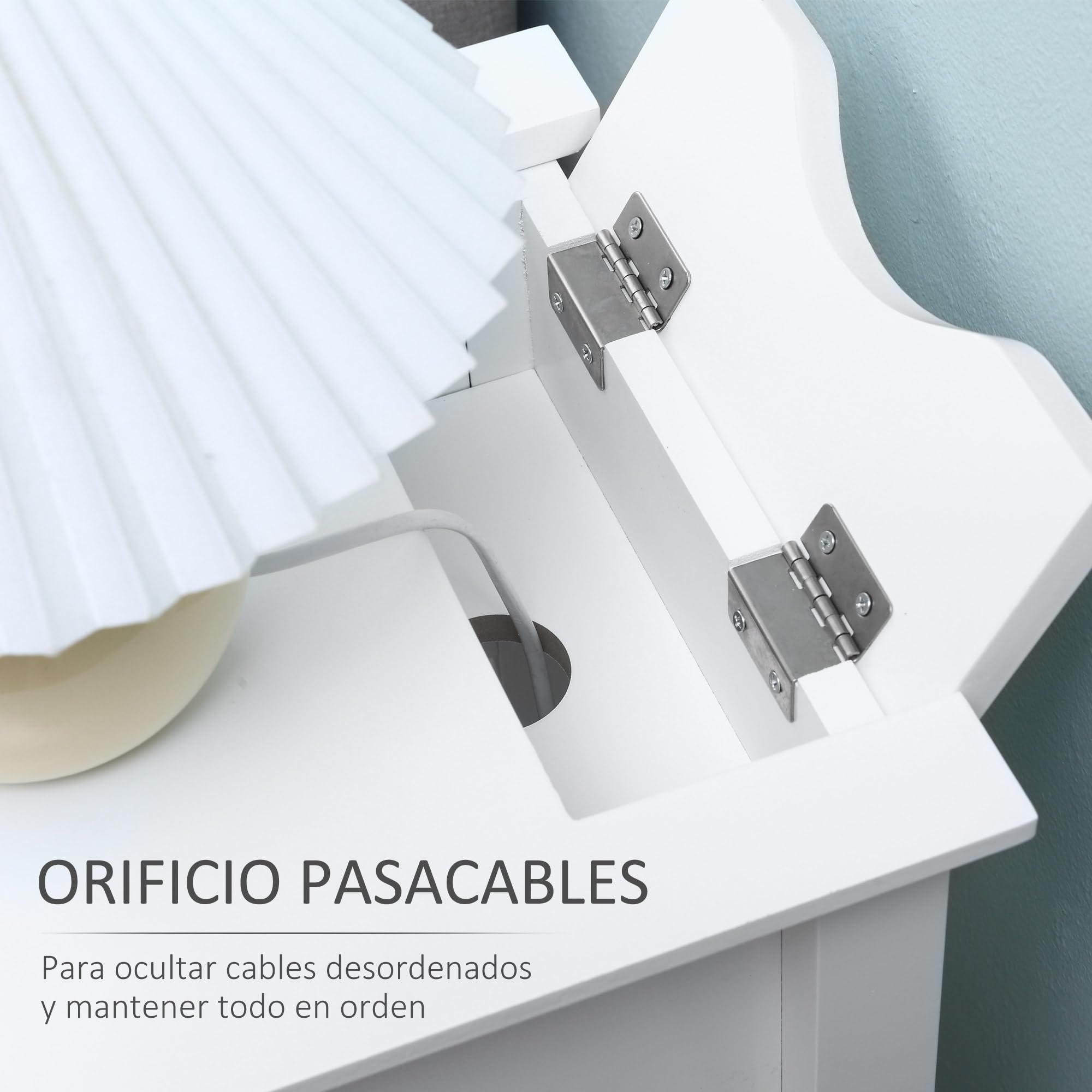 HOMCOM Mesa Auxiliar Mesita de Noche Tapa Abatible 60,5x32,5x70 cm Blanco | Estante de Almacenamiento, Orificio de Cable Oculto, para Salón Cama Dormitorio