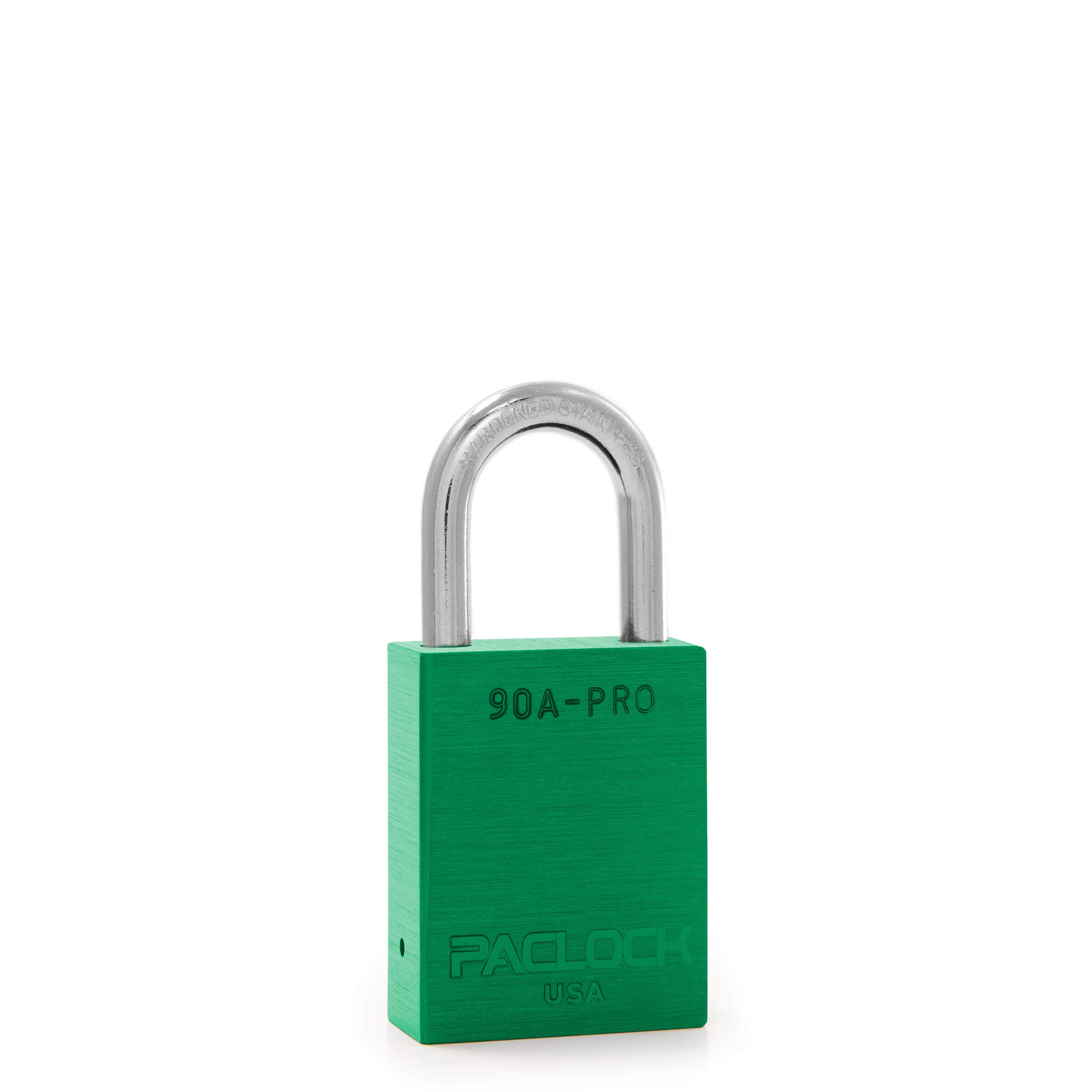 PACLOCK's 90A-PRO Padlock, 1/4" Diameter Hard. Stainless Steel Shackle, 1-3/16" Tall, High Performance 7-Pin Cylinder w/ 1 Key, Keyed Differently, Green