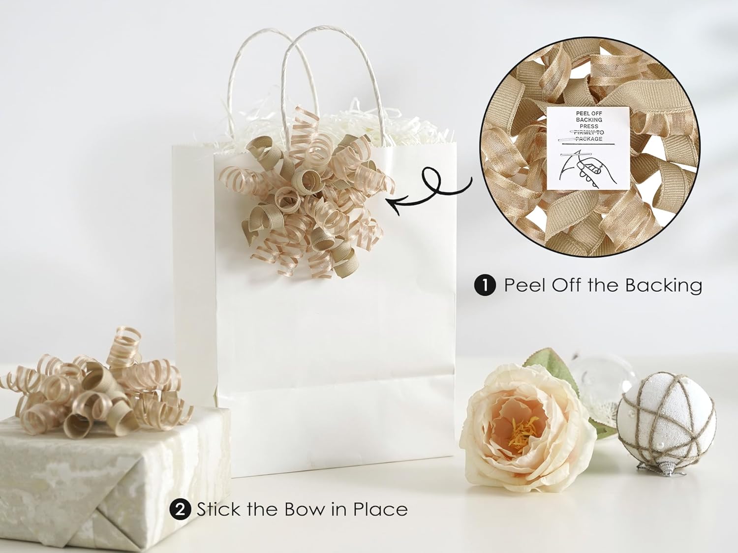 HUIHUANG Curly Bows for Gift Wrapping Champagne Gift Bow 5 inch x 8 Counts Self-Adhesive Ribbon Bows for Presents, Paper Bag, Party Favors, Wrapping Accessories, Holiday Wedding Decoration - Image 3
